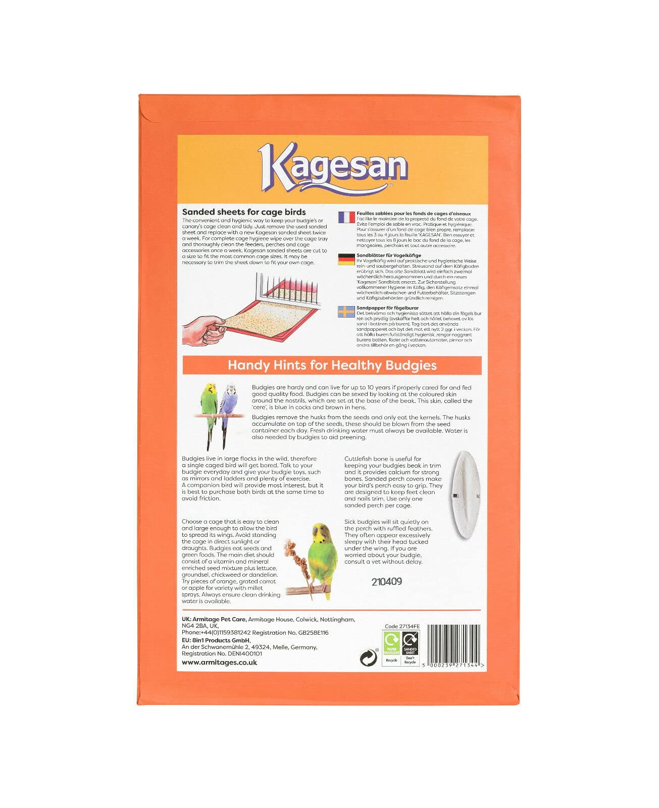 3 PACK Kagesan Lot de 24 feuilles de papier sable pour cage à oiseaux Orange 35 x 21 cm