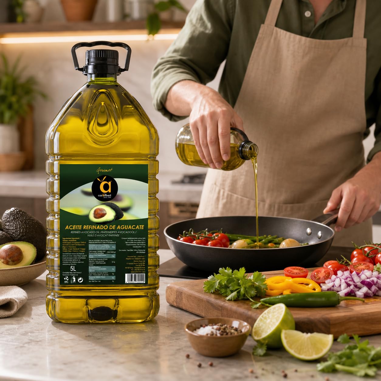 Aceite de aguacate Casalbert. Ideal para cocinar a altas temperaturas o para usar frío en ensaladas. 5 litros