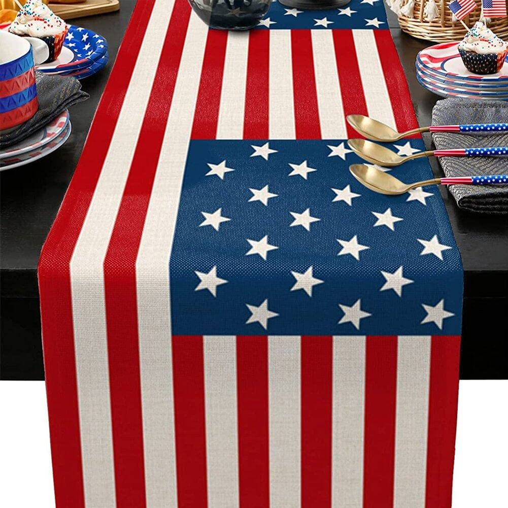 Ericetion 4Th Of July Linen Table Runner - Independence Day American Flag Print For Kitchen Decor