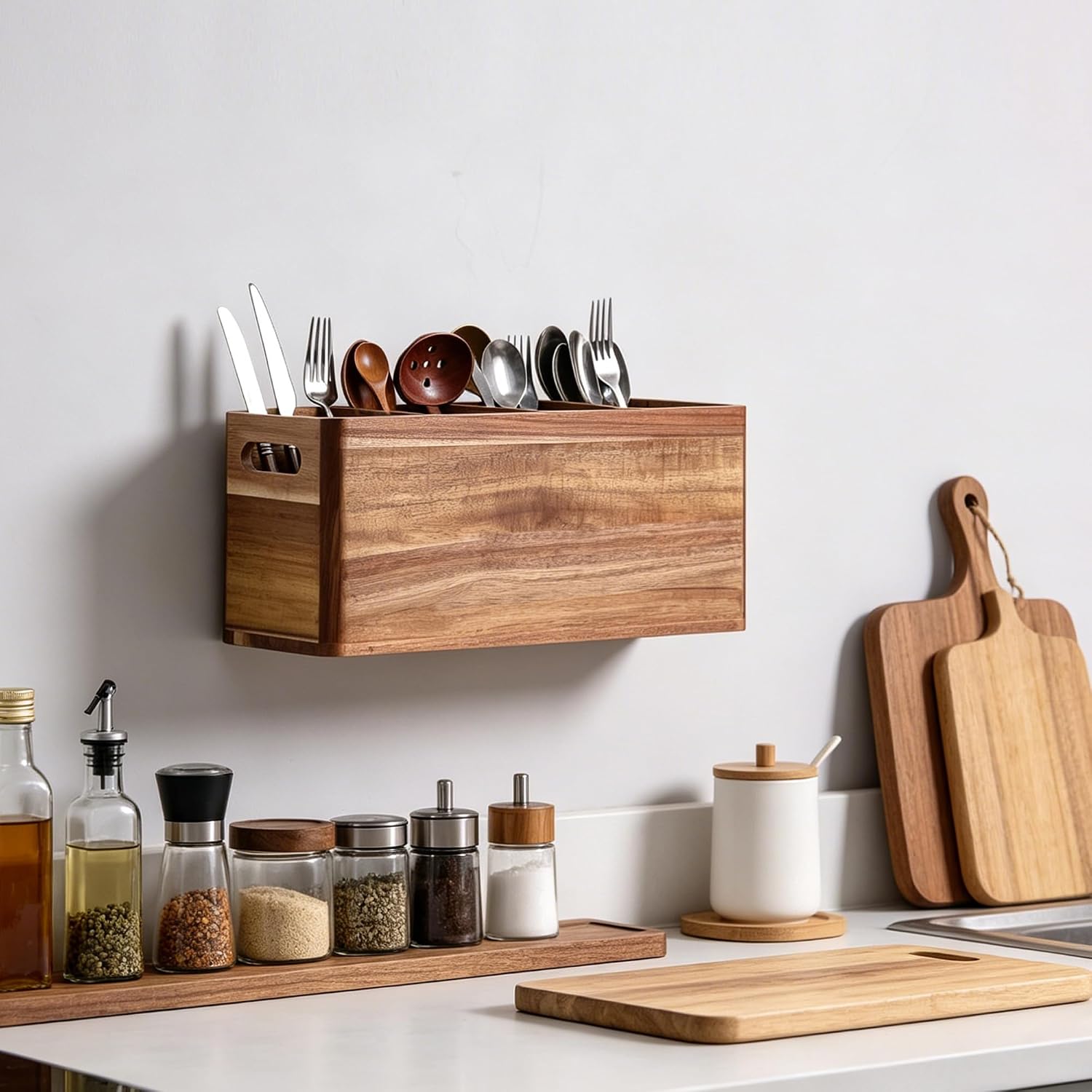 Kitchen Utensil Holder with 4 Compartments Utensil Organizer for Countertop Kitchen Spoon Holder Rustic Wooden Storage Organizer Box for Silverware Fork Spatula Acacia