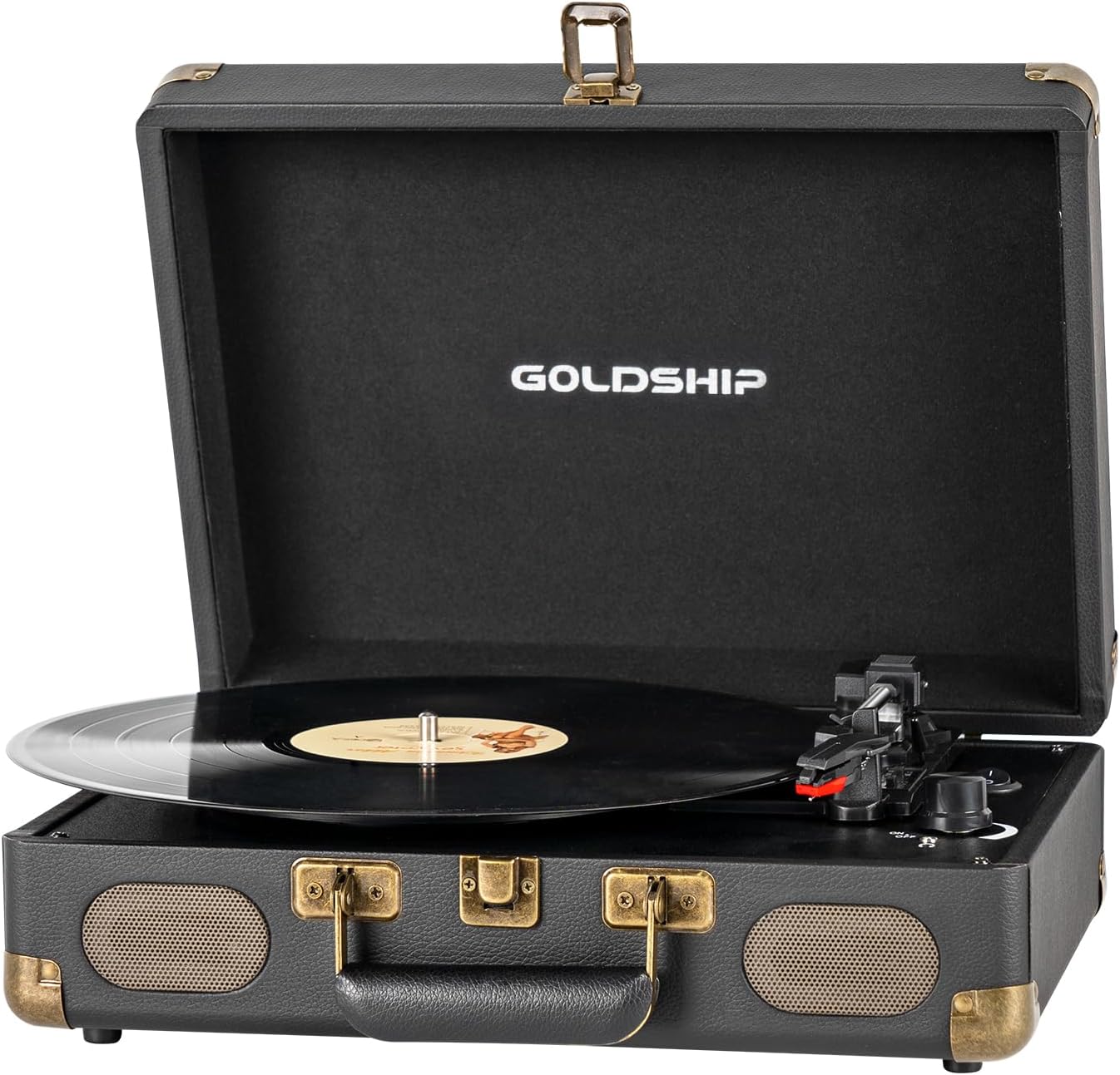 portable vinyl record player 3-speed bluetooth turntable with rechargeable battery, retro suitcase design, aux in/rca line out and headphone ports black-1