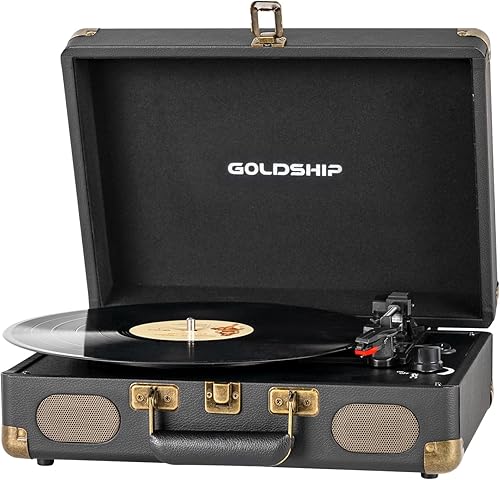 Tocadiscos de vinilo portátil de 3 velocidades con Bluetooth con batería recargable, diseño retro de maleta, salida de línea Aux inRCA y puertos