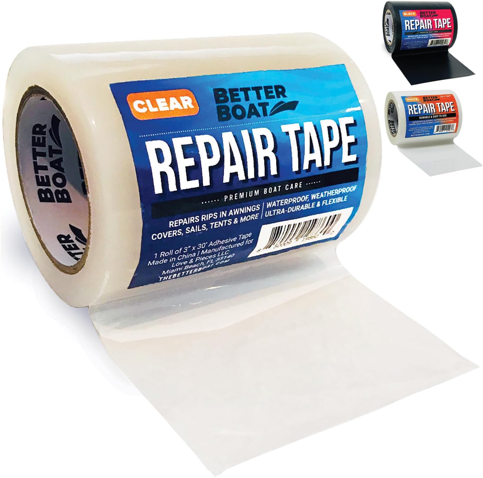 - Better Boat Repair Tape for Fabric and Vinyl 30ft x 3in, Clear Waterproof Patch Tape for RV Awning Canvas Tent Tarp Sail Canopy Boat Cover, Heavy Duty