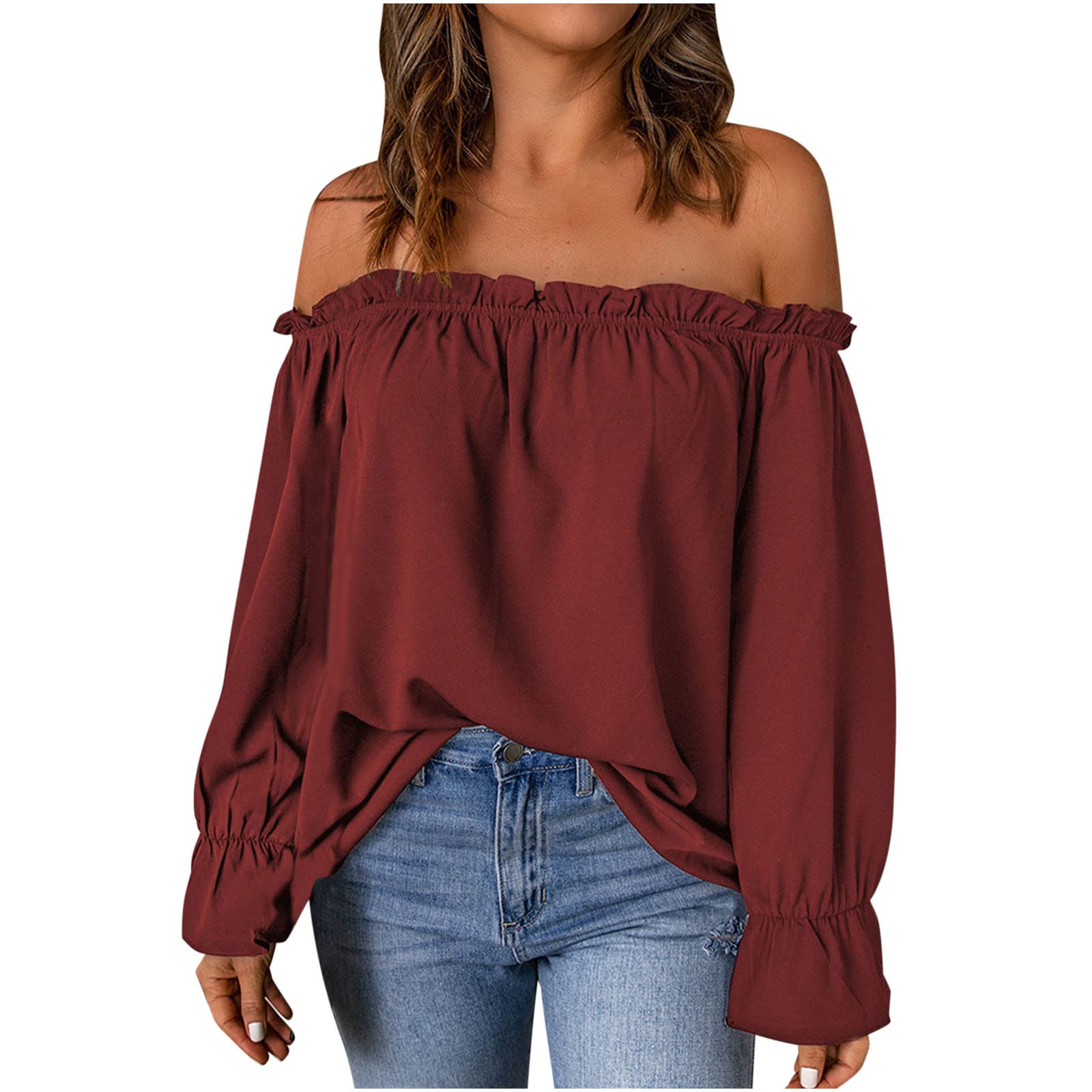 Womens Long Sleeve Shirts Off Shoulder Pleated Neck Solid Color Tops Spring Summer Fashion Blouse Tops Tunic Tops