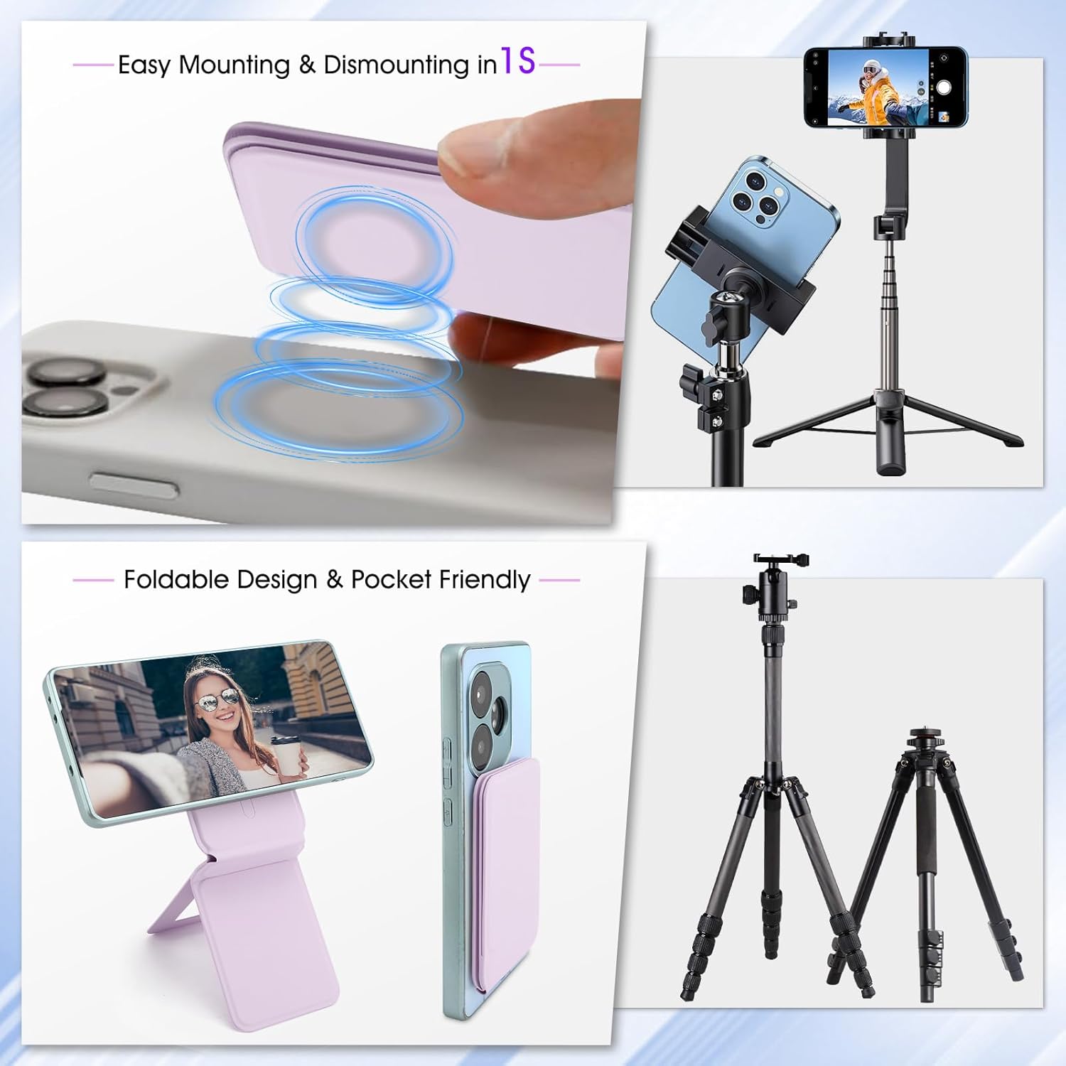 Phone Stand, Foldable Magnetic Phone Tripod, Angle Adjustment & Strong Magnets PU Leather Phone Stand, Compatible with All Smart Phone 16/15/14/13/12 (Purple) - Image 4