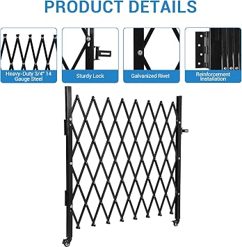 Heavy-Duty Expandable Security Gate for Driveway, Commercial & Industrial Use, Single Folding Barrier with 360 Rolling Wheels, Adjustable Width, Anti-Climb Design & Easy Installation, Black Finish