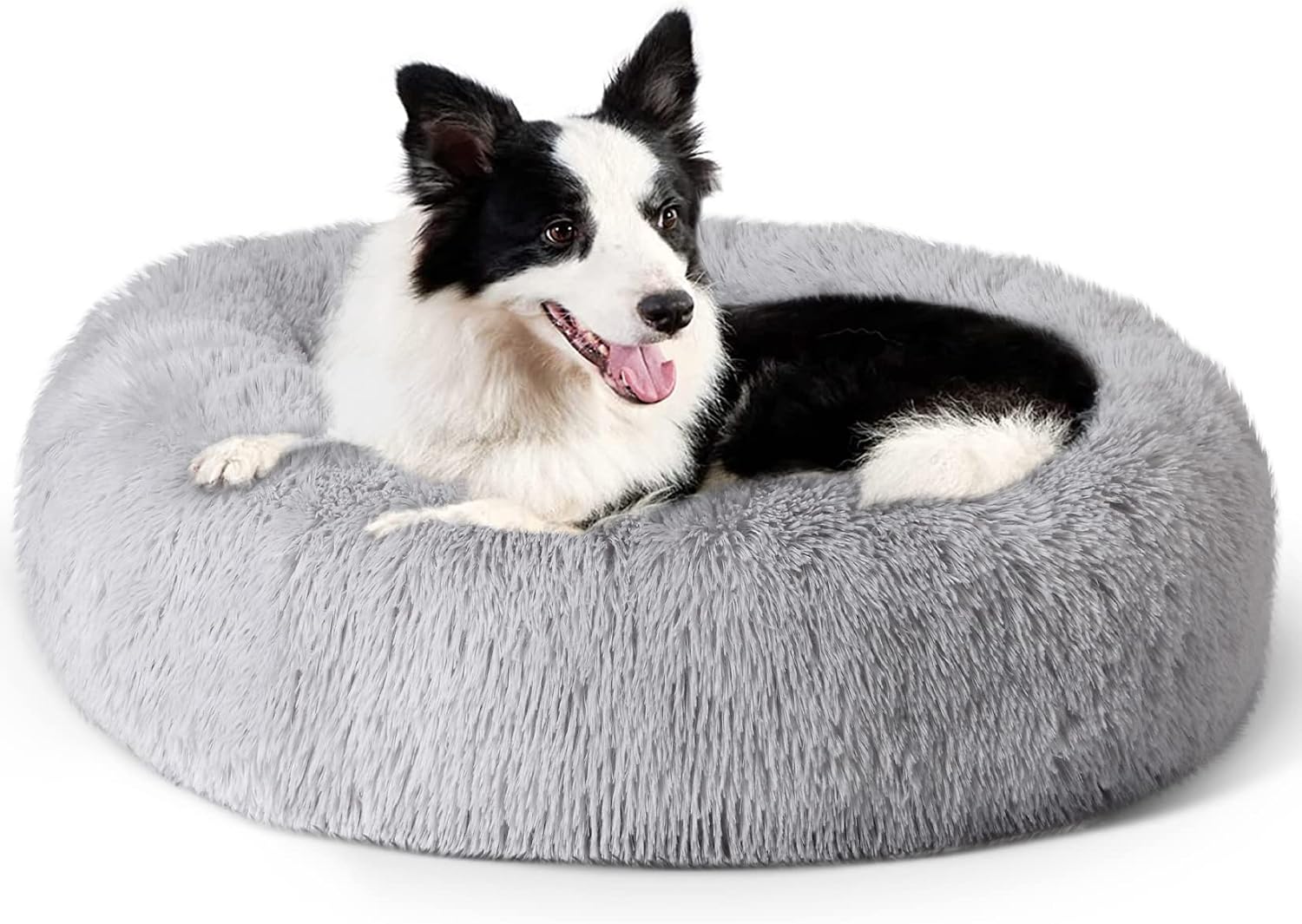 CAROMIO Calming Dog Bed, Large Donut Dog Bed Faux Fur Anti Anxiety Non-Slip Fluffy Pet Bed for Large Dogs and Cats, 36 Inch, Light Grey