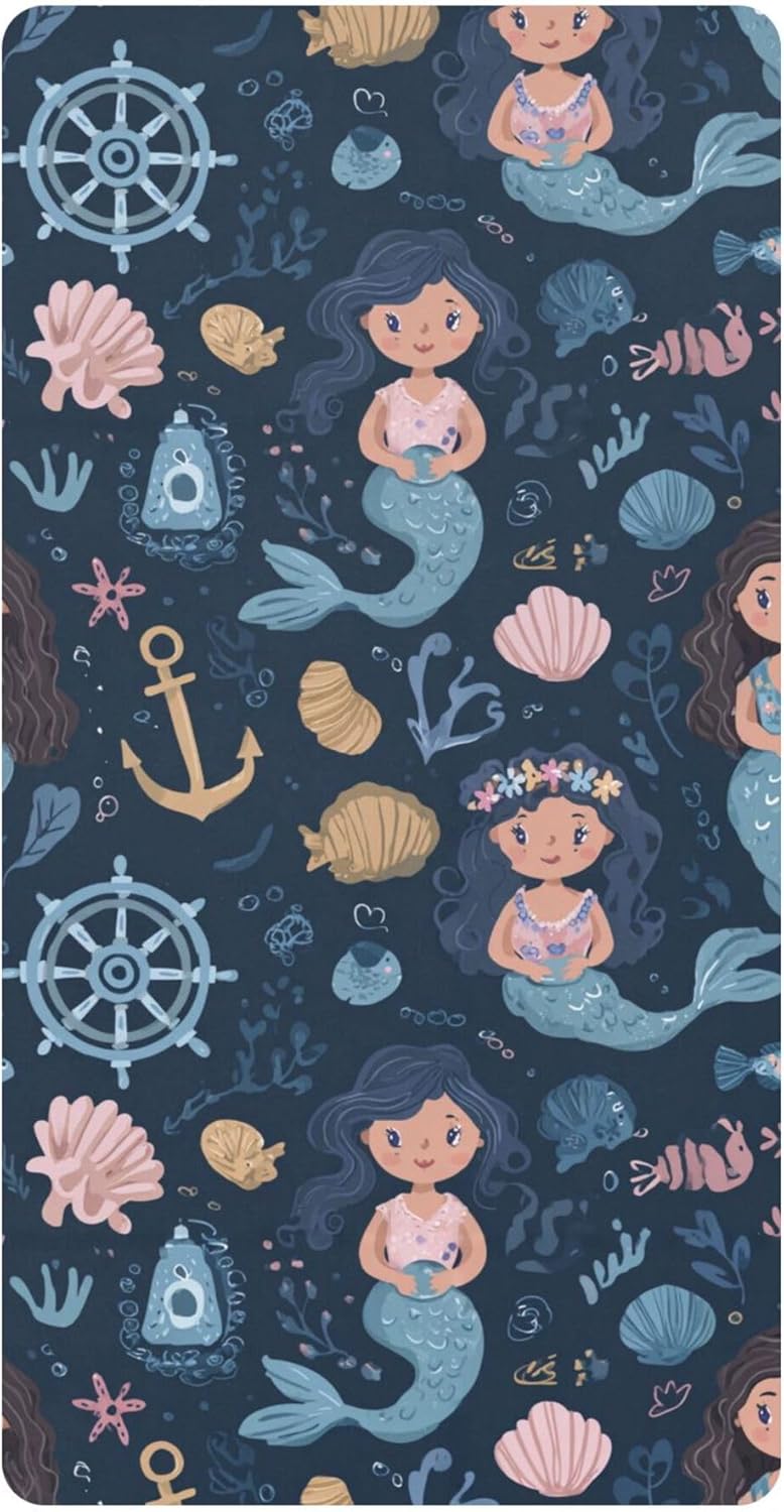 Cartoon Cute Mermaids Crib Sheets Soft Breathable Fitted Cotton Baby Crib Sheets Mattress Cover for Girl Boy, 52" x 28" x 9"