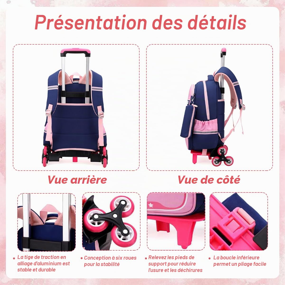 Cartable Roulettes Fille Primaire Sac Roulettes Fille Lapin Trolley Sac a Dos Filles CP CE Sac Cabine Voyage Enfant ac Trousse 31x18x43cm