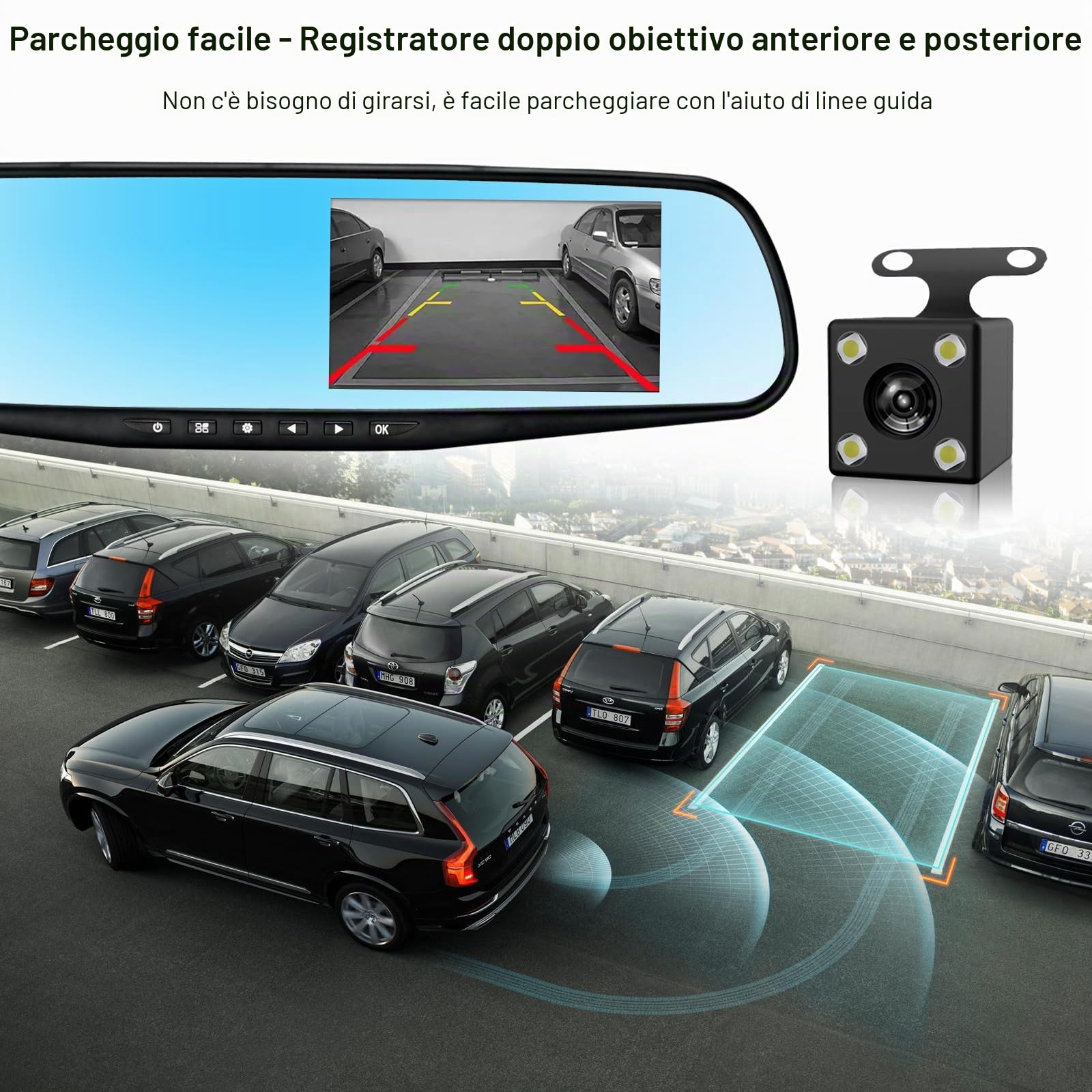 Podazz Telecamera per Auto da Full HD 1080P Grandangolare Posteriore impermeabile Telecamera con Sistema di Monitoraggio Inverso