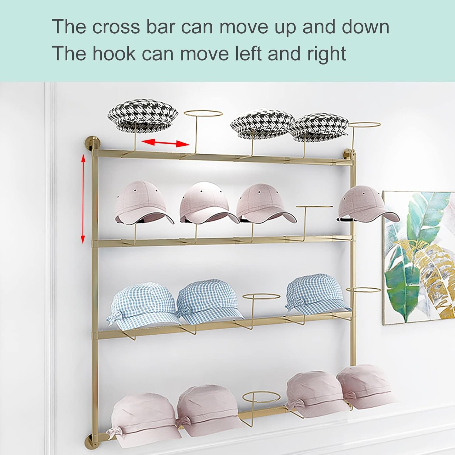 Hat Rack Hat Display Stand Wall Mount Hat Racks Holder with 20 Hoops, Large Capacity Modern Metal Wig Display Stand for Baseball Caps/Cowboy Hats/Fedora Hats, Easy to Assemble