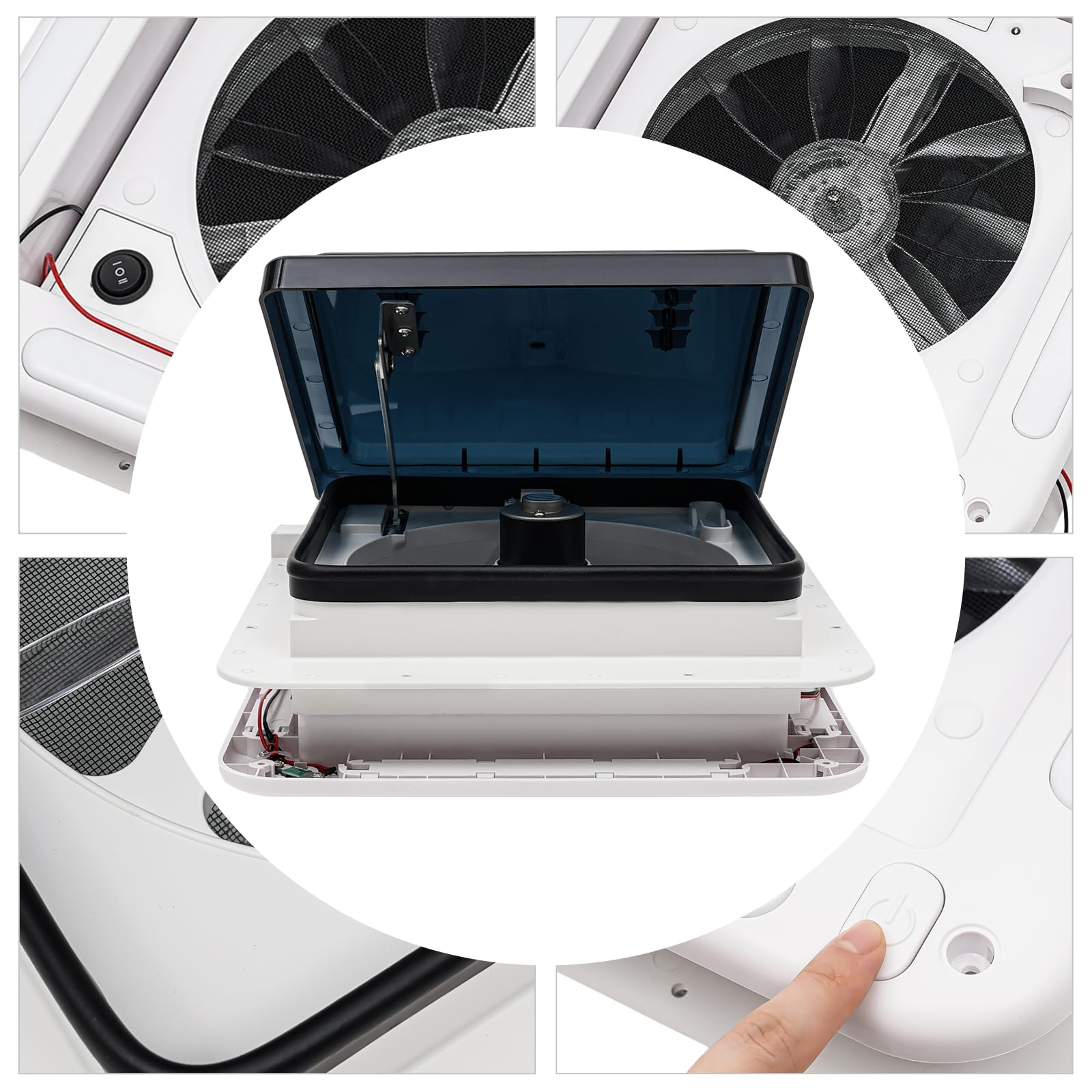 Oblò Camper 36x36 Lucernario per Tetto Ventilatore 12V LED 6 Velocità Motore 5W 20-65dB Kit Camperizzazione Bianco/Nero