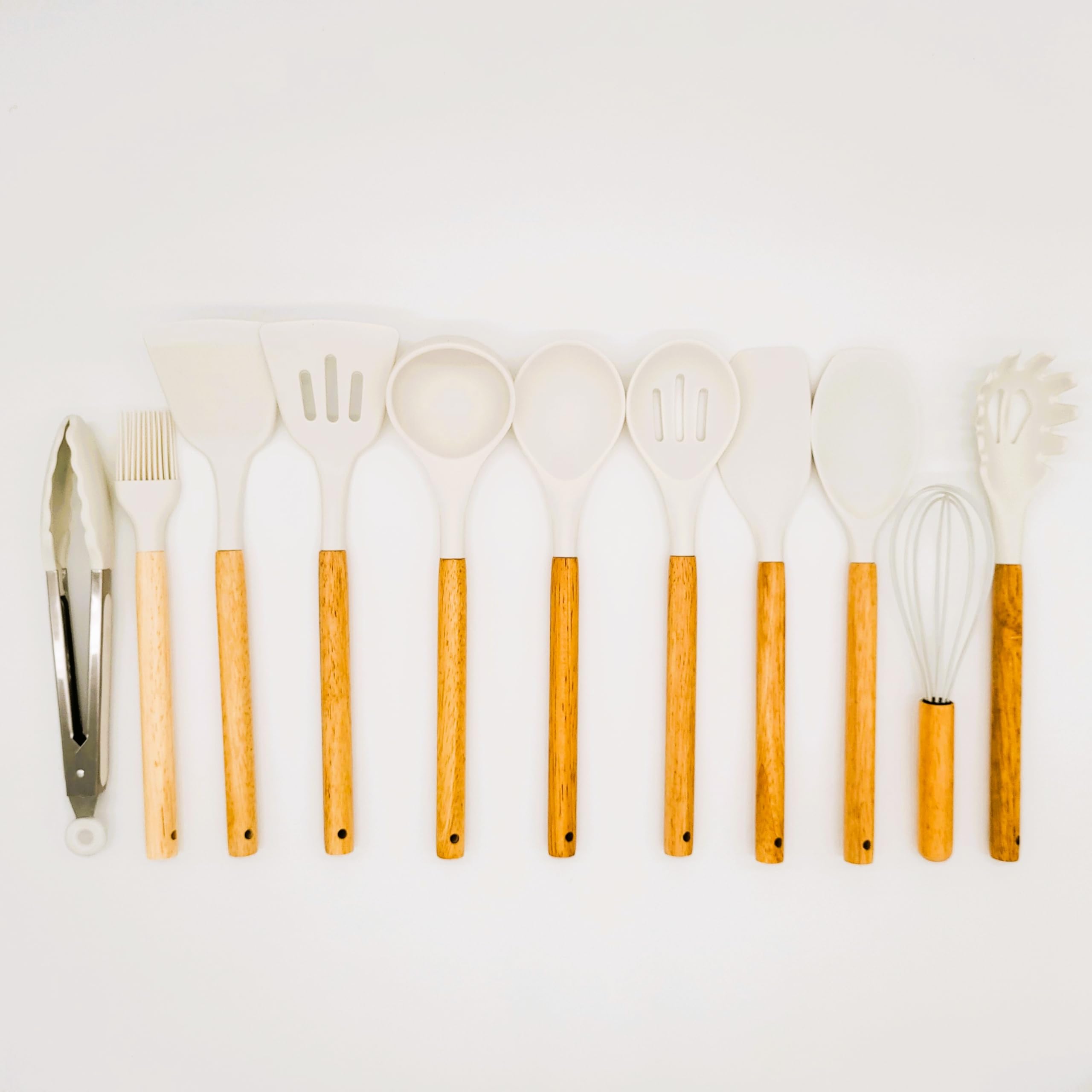 BWG Juego de utensilios de cocina y recipiente, juego de utensilios de cocina, juego de utensilios de cocina de silicona de alta calidad, asas de diseño elegante, resistente al calor (madera, blanco)