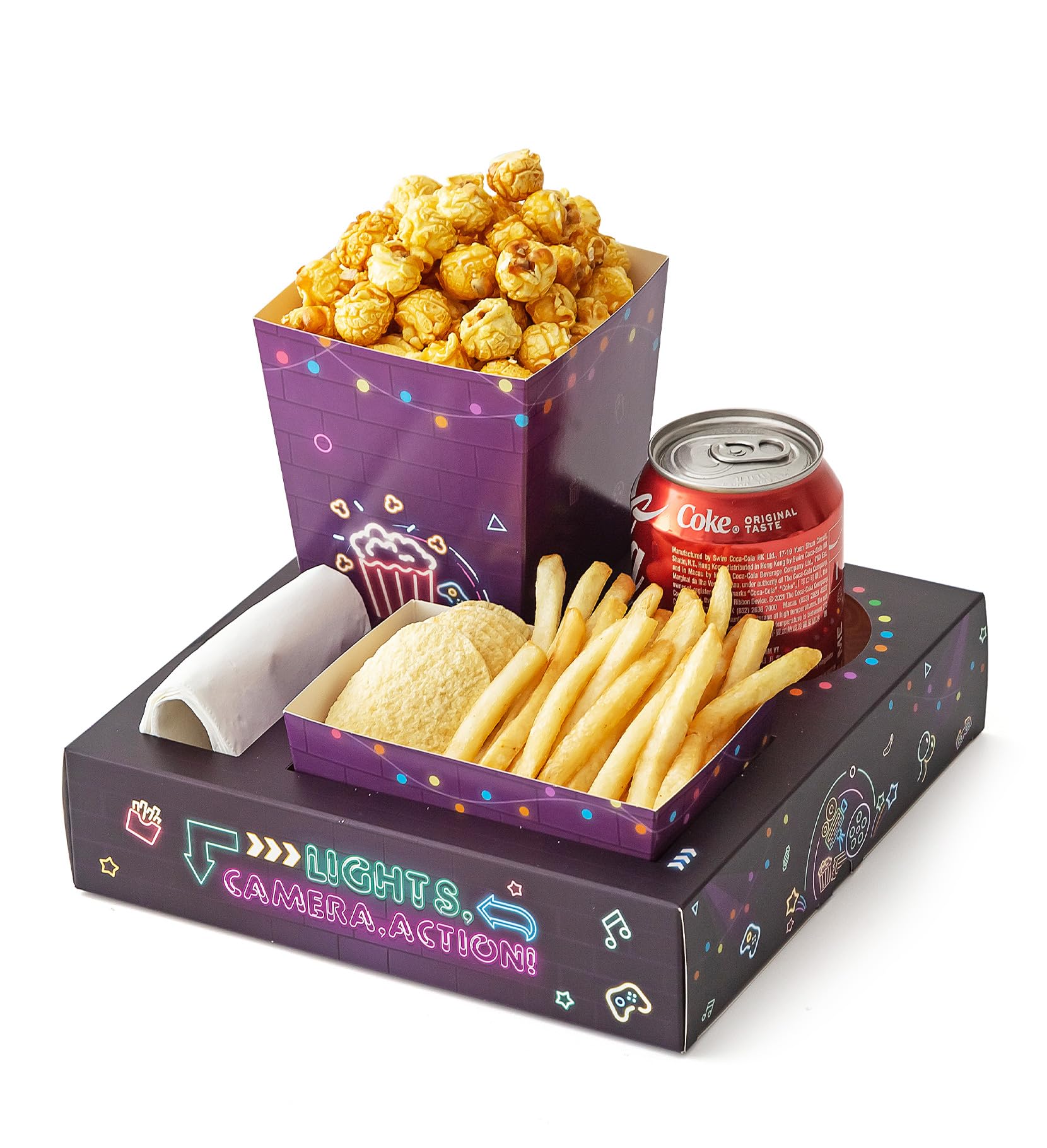 Baffect Lot de 40 plateaux à goûter Movie Night comprenant 10 plateaux néon pour soirée cinéma, 10 boîtes à popcorn, 10 saladiers, 10 invitations de fête cinéma, fournitures de soirée cinéma en plein