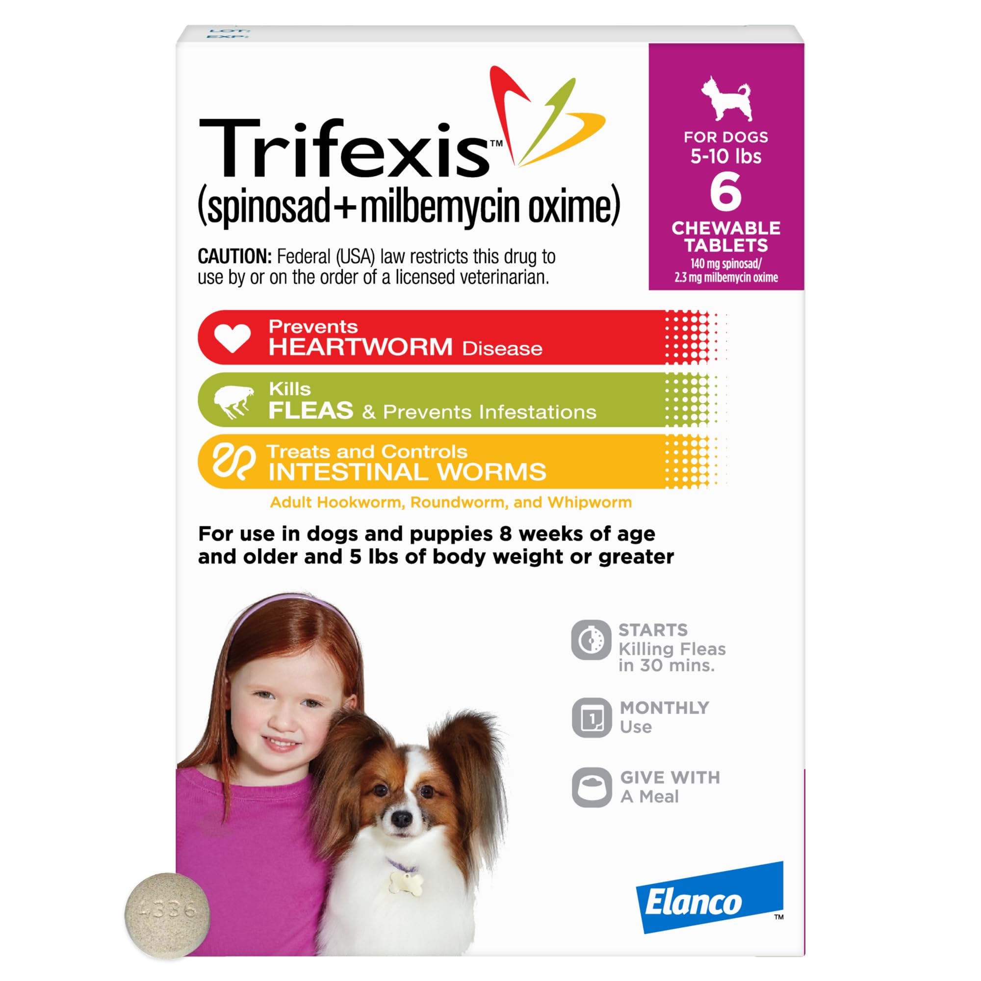Trifexis Heartworm Prevention | Treats & Controls Flea Infestations + 4 Other Worms | Dogs 5-10 lbs. | 6 Chewables
