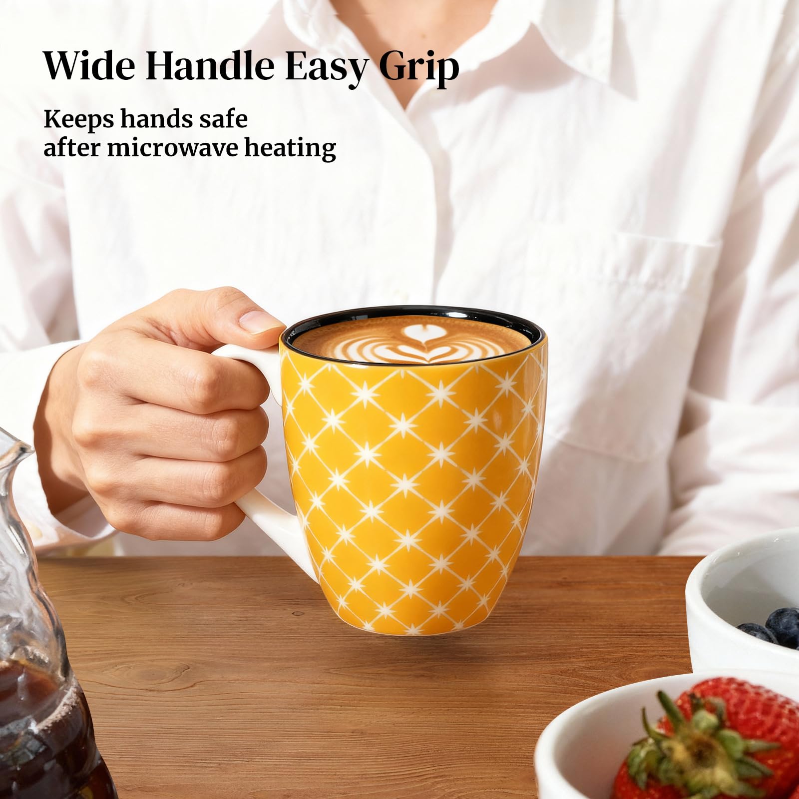 DOWAN Juego de 6 tazas de café de 350 ml, elegantes tazas de porcelana oriental, tazas grandes para café, té y café con leche
