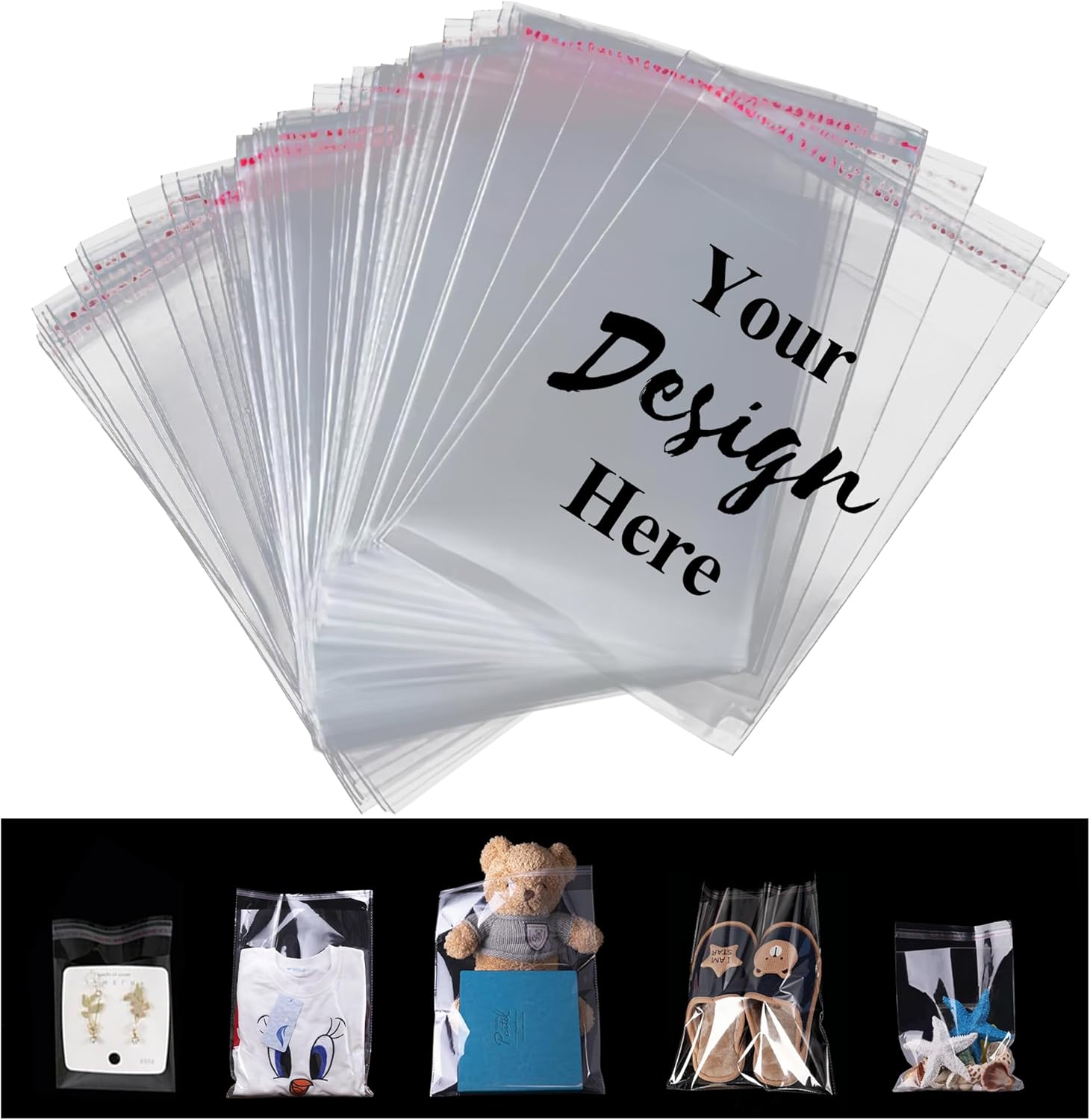 Custom Clear Self-Adhesive Seal Plastic Bags, Transparent Cellophane OPP Poly Bags with Personalized Logo Text Image, Gift Wrap Cellophane Bags for Cookie, Chocolate, Snack, Clothing (200)