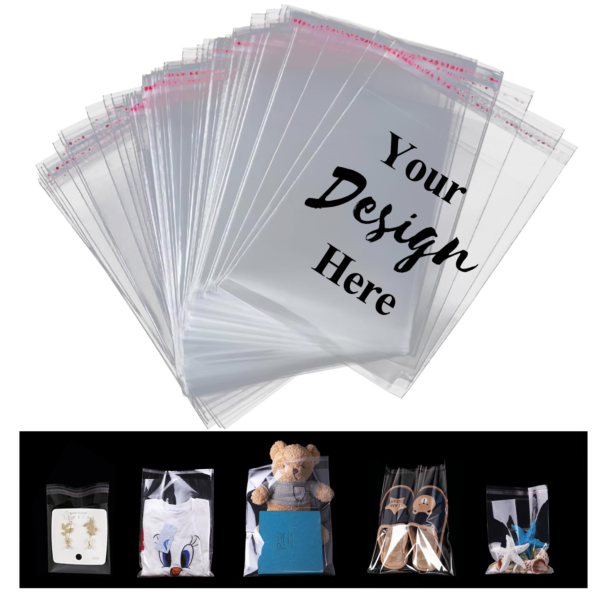 Custom Clear Self-Adhesive Seal Plastic Bags, Transparent Cellophane OPP Poly Bags with Personalized Logo Text Image, Gift Wrap Cellophane Bags for