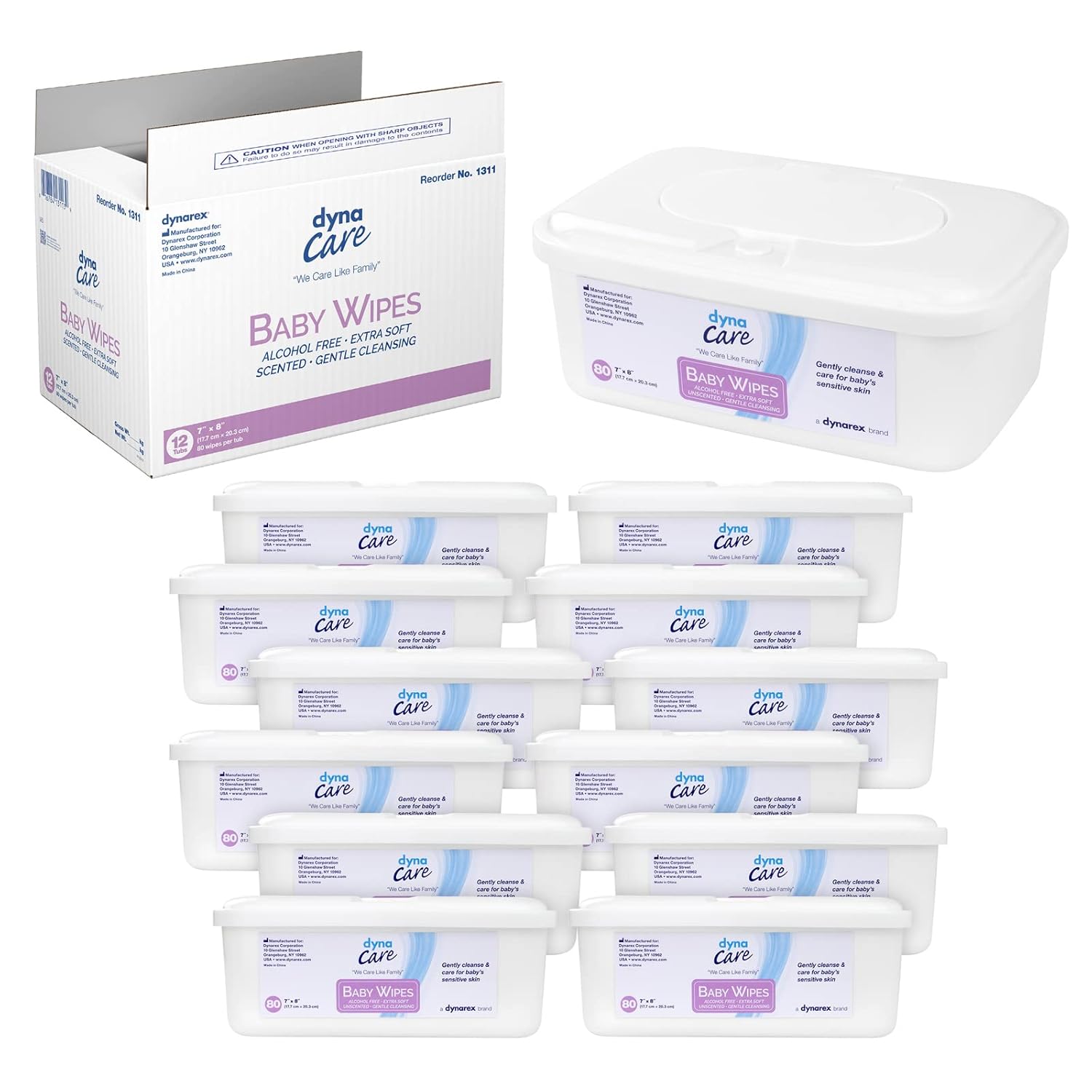 Dynarex Baby Wipes - Non-Alcohol Wipes for Babies with Lanolin & Aloe to Moisturize Skin - Non-Woven & Unscented - 7 x 8" - 80 Wet Wipes per Tub, 12 Tubs per Case