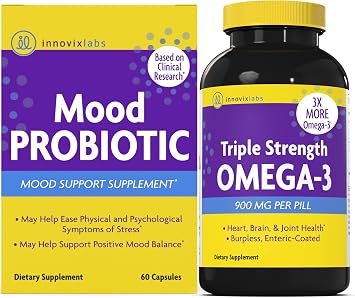 InnovixLabs Mood Probiotic & Triple Omega Bundle Mood Probiotic (60 Capsules) Triple Strength Omega-3 Fish Oil (200 Softgel). Supports Brain, Joints and Immune Health*