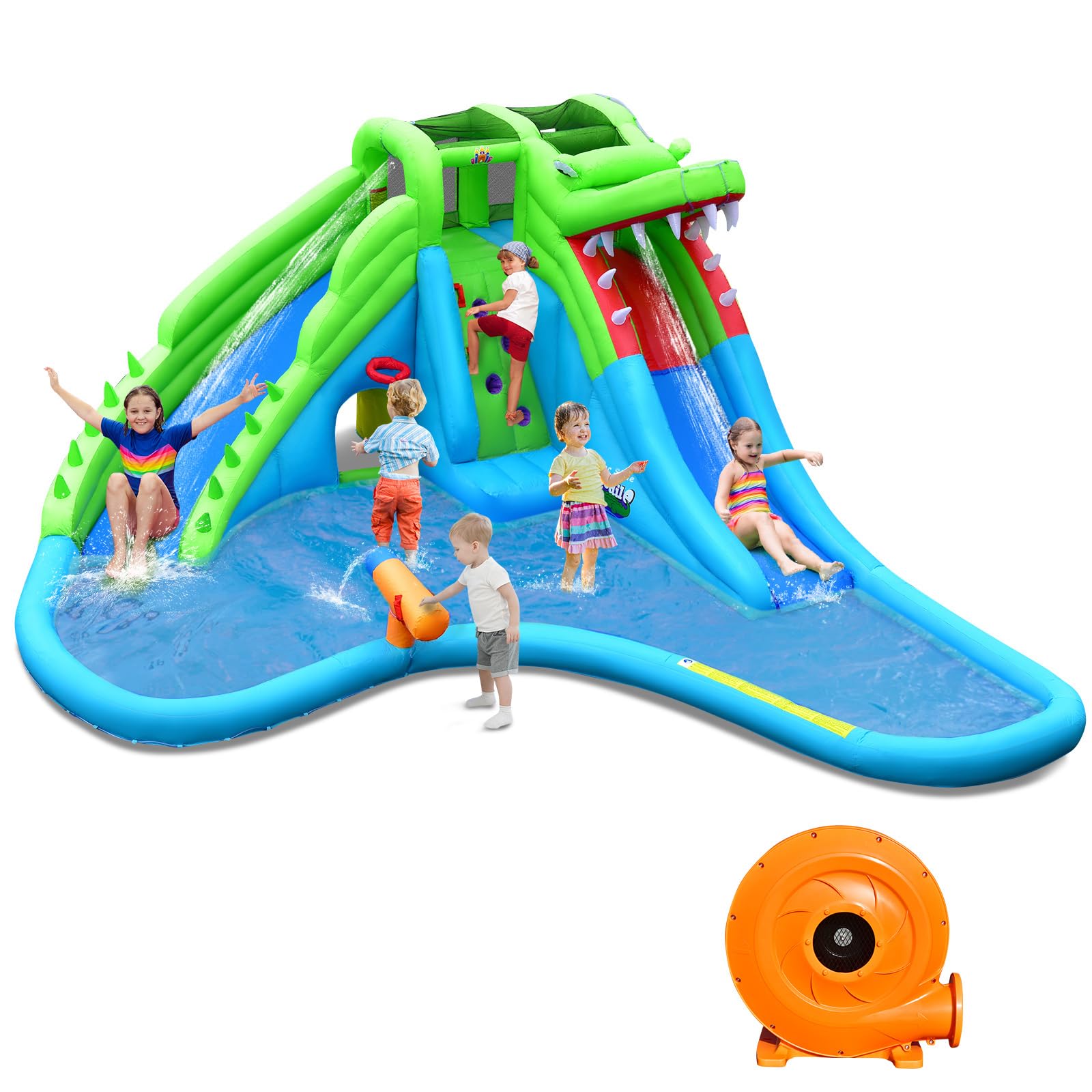 GYMAX 7 in 1 Kids Bouncy Castle with 780W Blower, Inflatable Water Park with 2 Slides, Splash Pool, Climbing Wall, Water Cannon, Basketball Hoop & Tunnel, Giant Outdoor Bounce House for Children