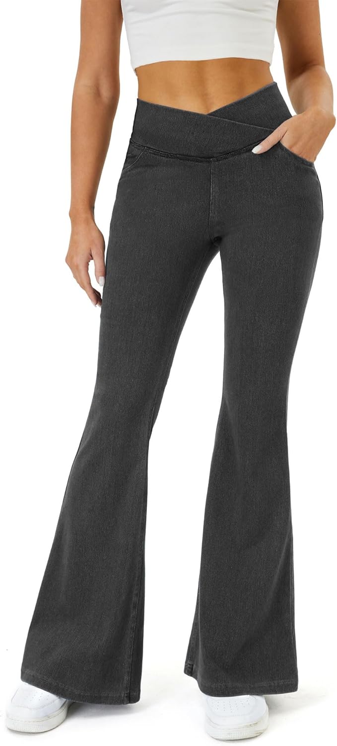 COPYLEAF Bell Bottom Jeans for Women Trendy Crossover Stretchy Jeans Flare Leggings with Pockets Y2k Butt Lifting Jeggings