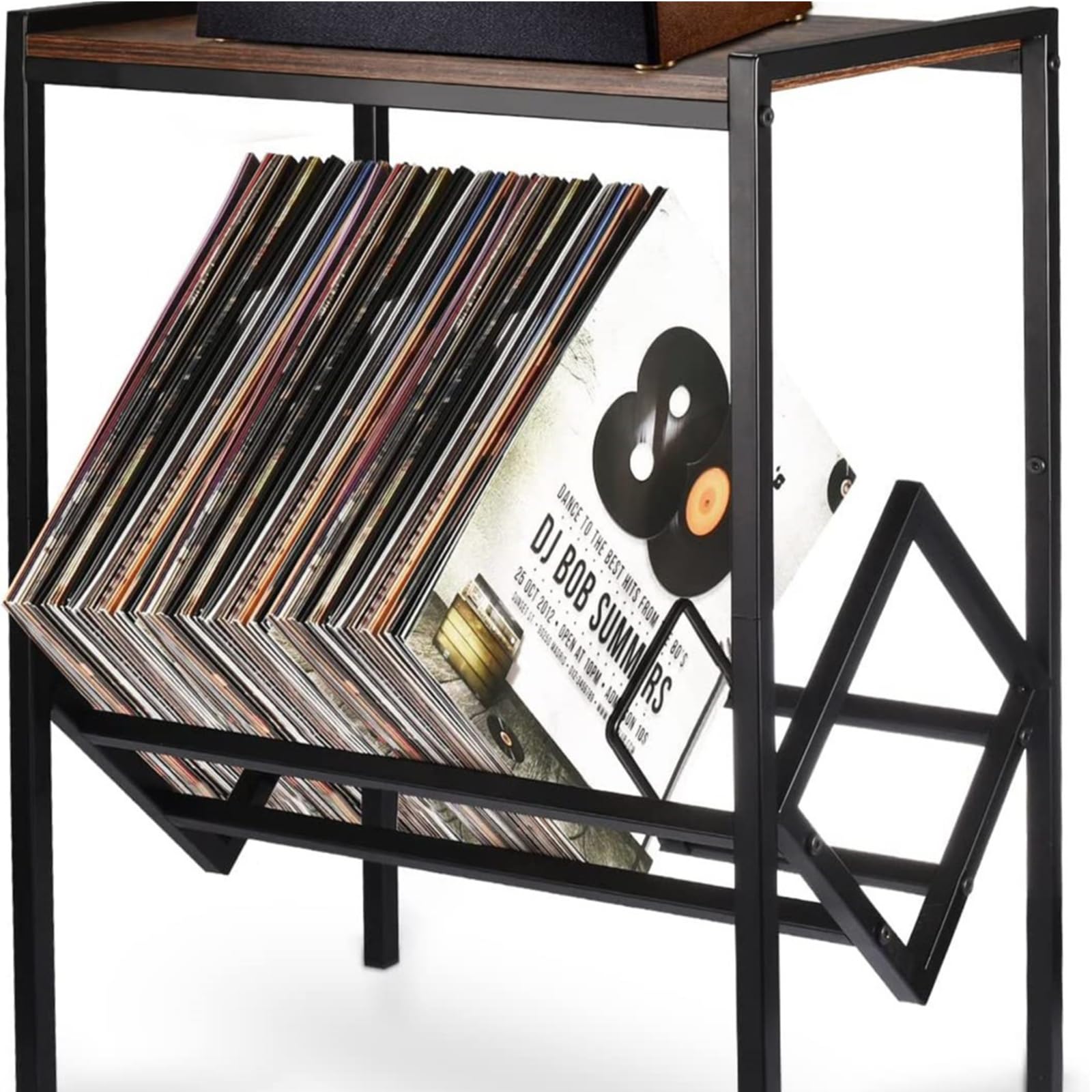 Soporte para tocadiscos de 2 niveles con almacenamiento de vinilo, soporte giratorio retro para 80 | Organizador pequeño de madera y metal con ruedas para esquina de sala de estar