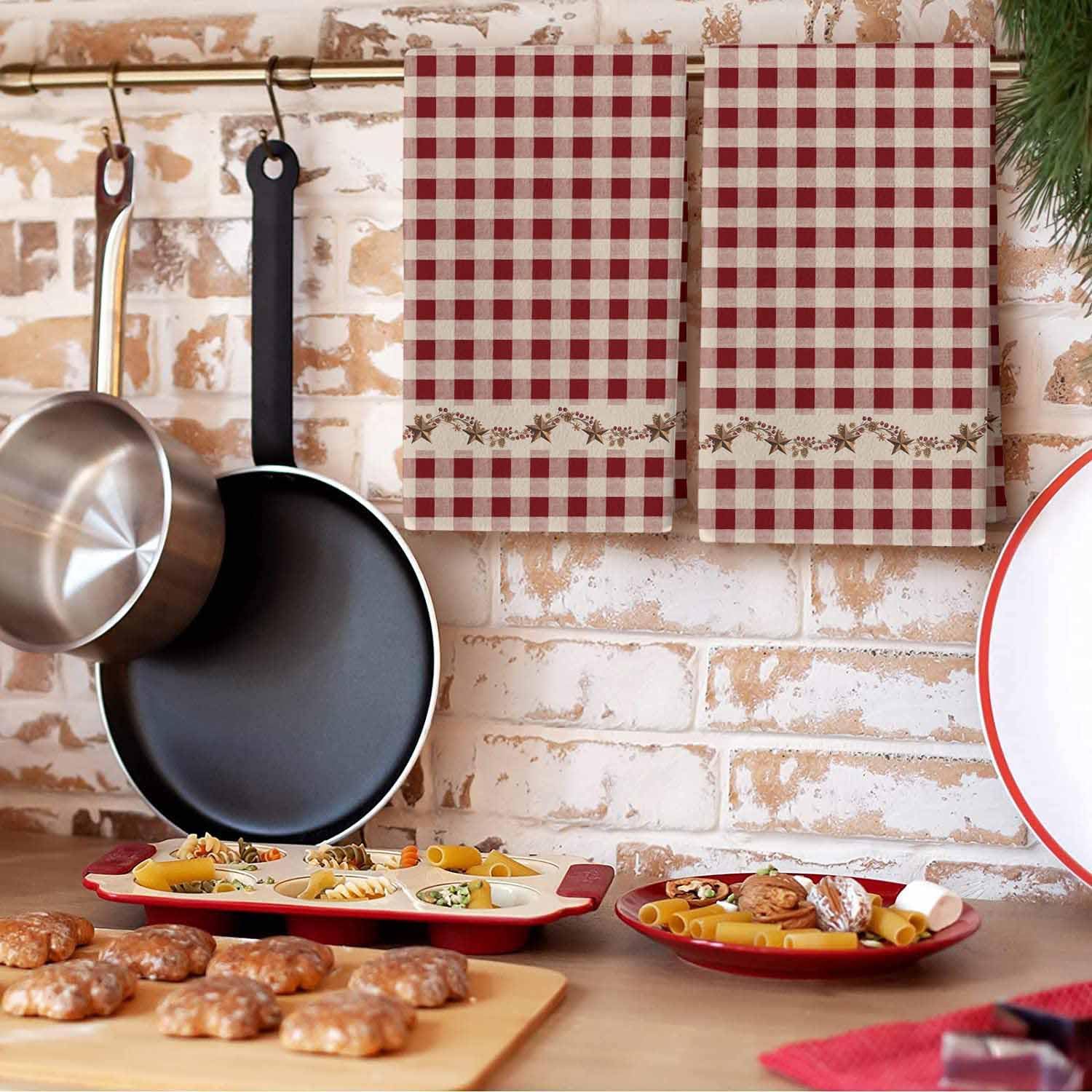 Farmhouse 2 Pack Dish Towel for Kitchen,Absorbent Dishes Cloth Retro Red Plaid Star Berry Soft Hand Towels for Home Cleaning Quick Drying Bathroom Cloths Terry American Country Farm Check