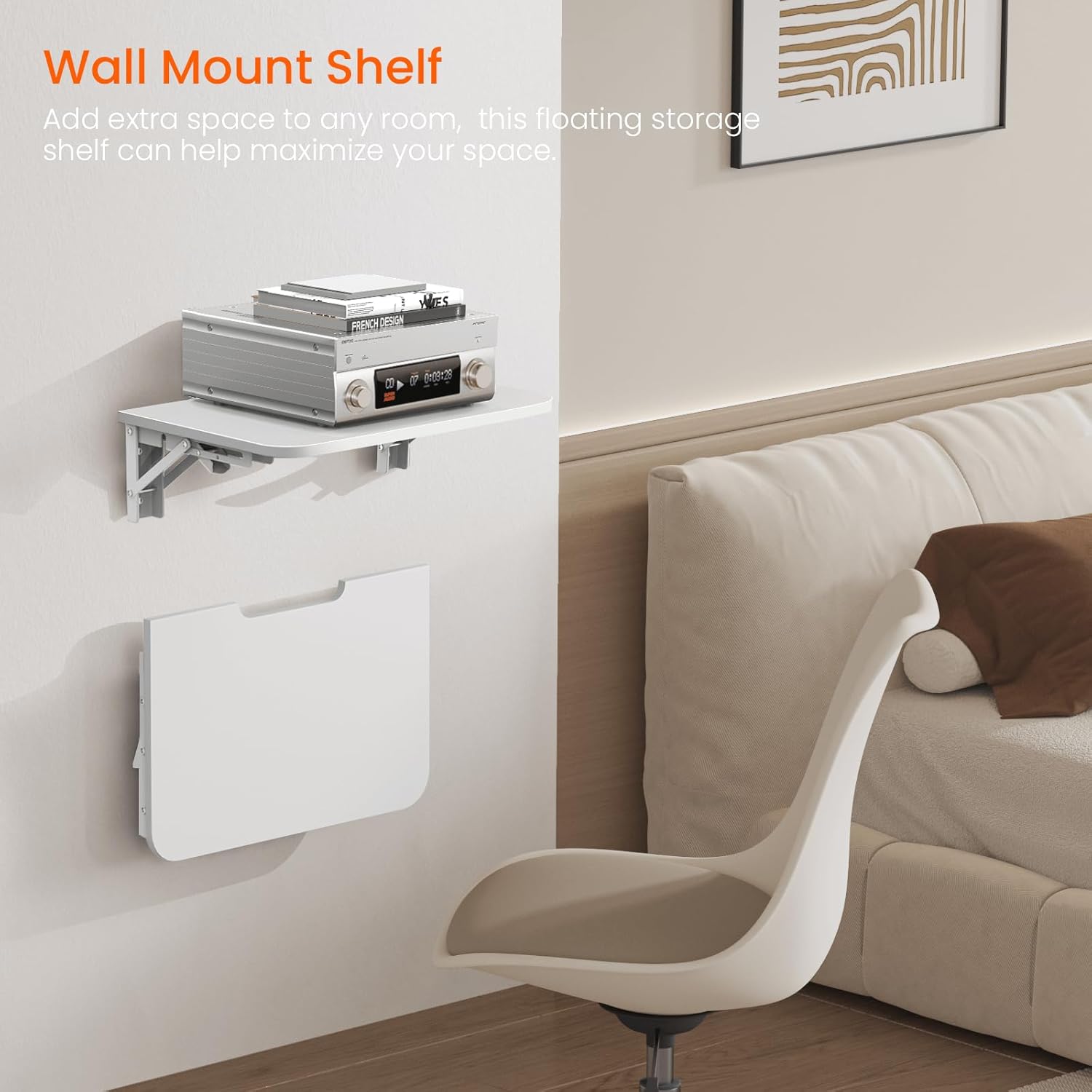 Homode Projector Shelf for Wall, Wood Folding Wall Mount Shelf, Holds Up to 30lbs, Floating Entertainment Shelves for DVD Players, Cable Boxes, Game Consoles, Living Room Decor Accessories, White