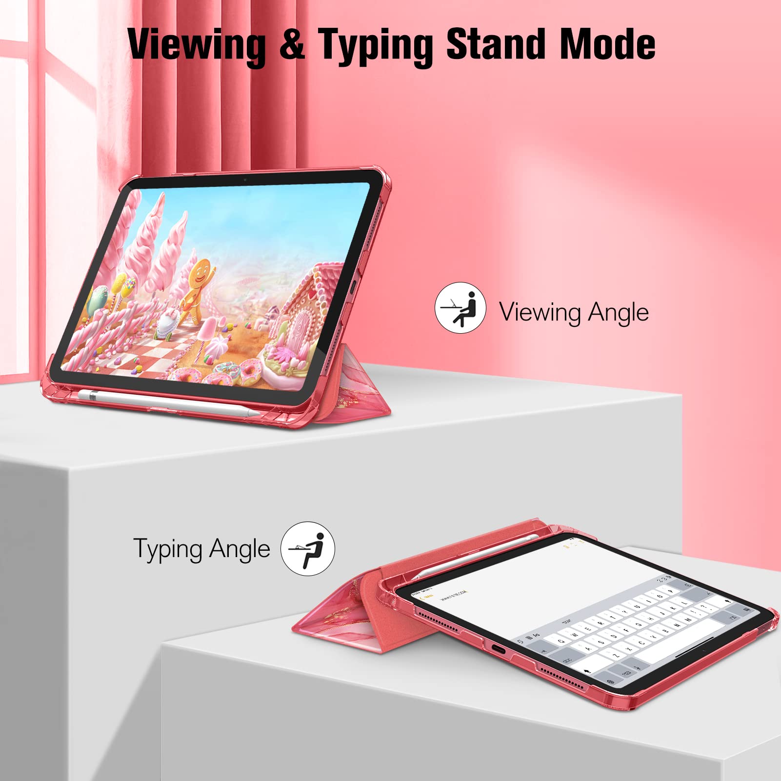 FINTIE Custodia per iPad (A16) 11ª Generazione 11" (2025)/iPad 10ª Generazione 10.9" (2022) con Portapenne - Sottile Leggero Opaca Trasparente Posteriore Cover con Auto Sveglia/Sonno, Rosa Marble