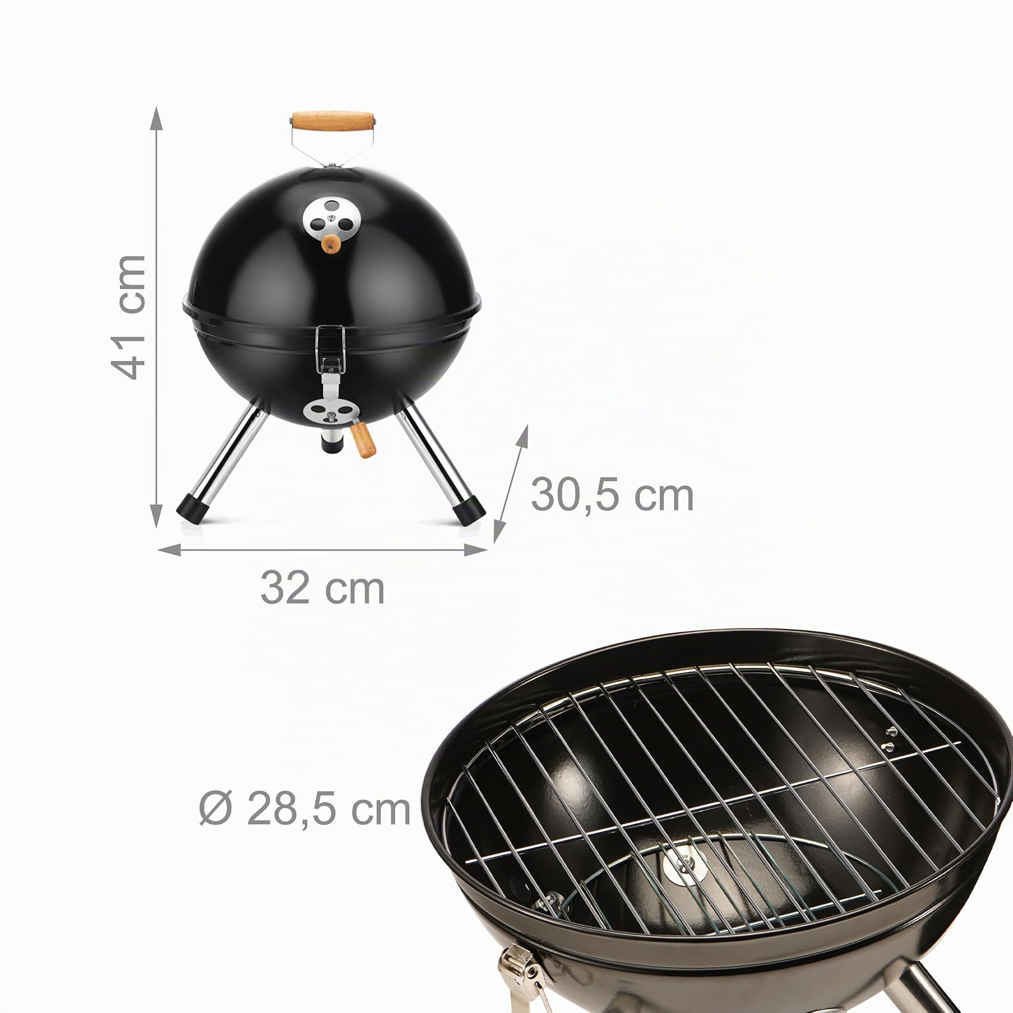 Relaxdays Mini Barbecue à Charbon sphérique, Portable, Acier, Noir | grille Ø28,5 cm, 41x32x30,5 cm