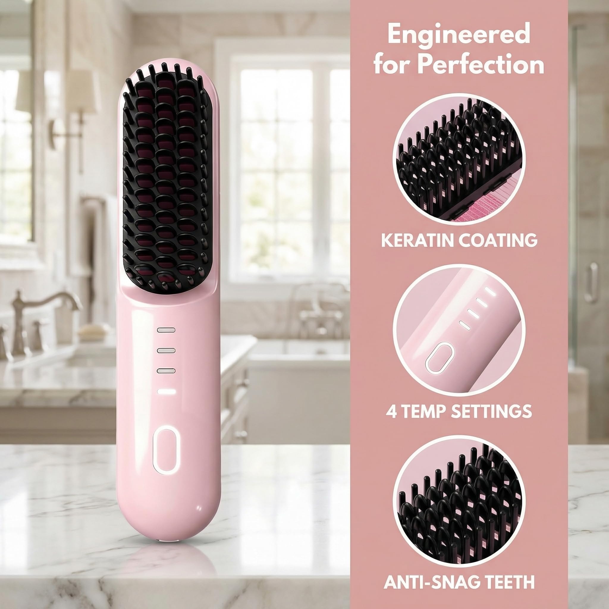 Go Brush - Pro for Short Hair - 2026 Upgraded Cordless Straightening Brush with 30s Fast Heat, 4 Temperature Settings, Ionic & Ceramic Care, 4000mAh USB-C Rechargeable for Frizz-Free Styling (Pink) - 5
