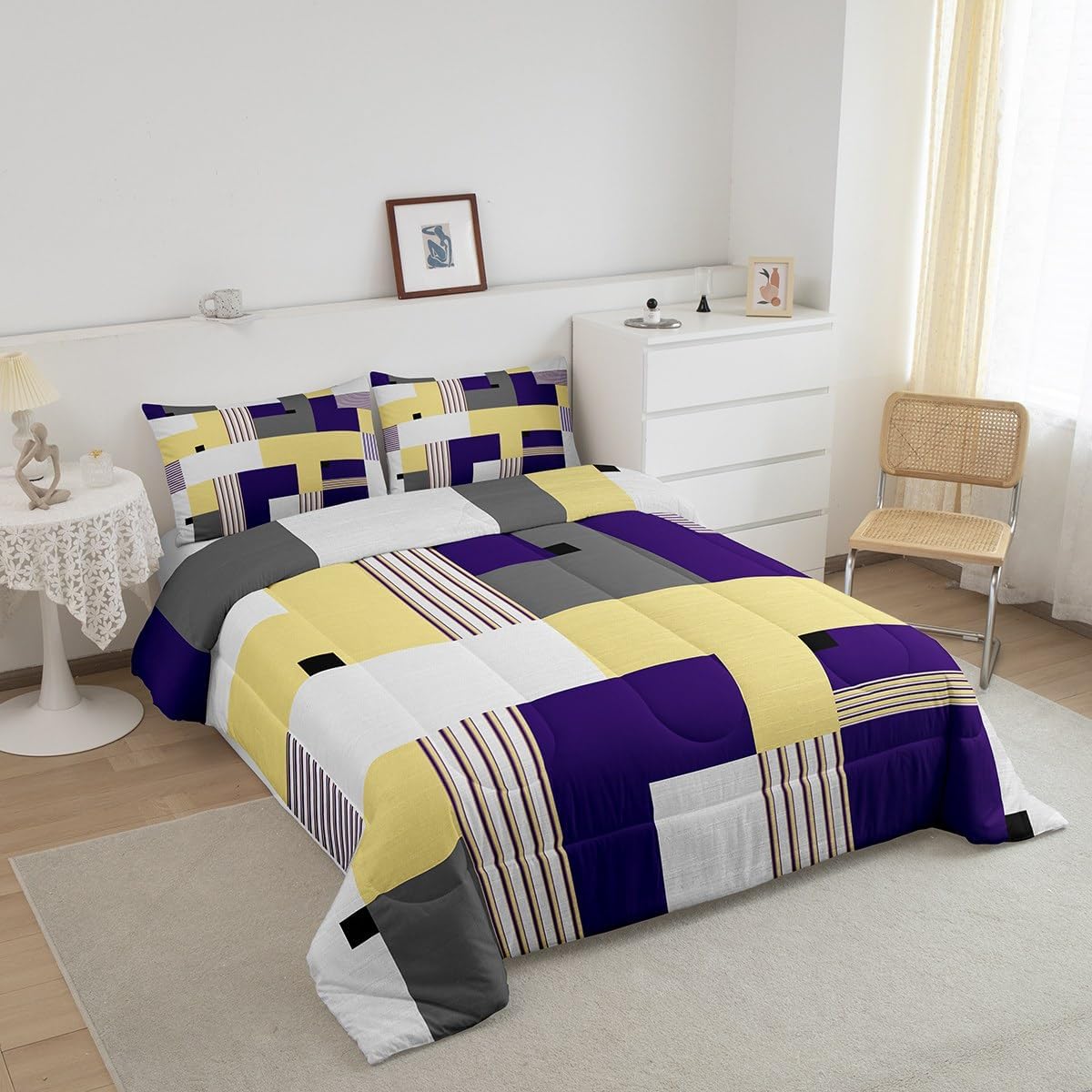 Feelyou Geometric Comforter Set Queen Size Purple Yellow Gray Comforter for Boys Girls Teens Rectangle Square Bedding Set Modern Abstract Art Duvet Set Room Decor Quilt Set