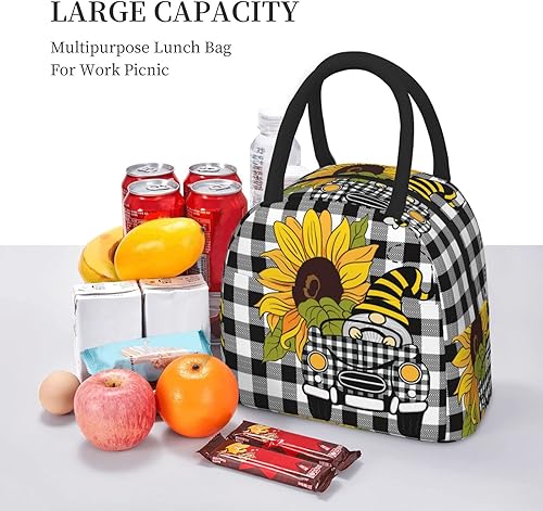 Miniatura 7 de Oplp Divertida bolsa de almuerzo de gnomo de verano con diseño de gnomo de conducir y girasol, bolsa de almuerzo reutilizable para preparación de