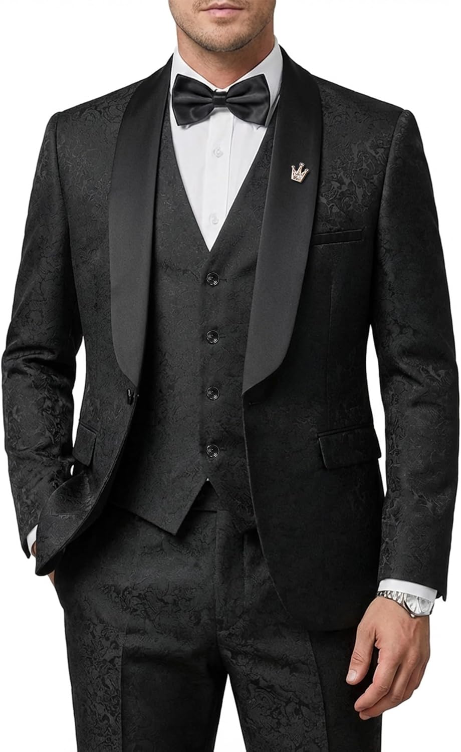MY'S Men's Floral Tuxedo, 3 Piece Slim Fit Jacquard Suit, Jacket Vest and Pants Shawl Lapel with Bow Tie for Wedding Prom