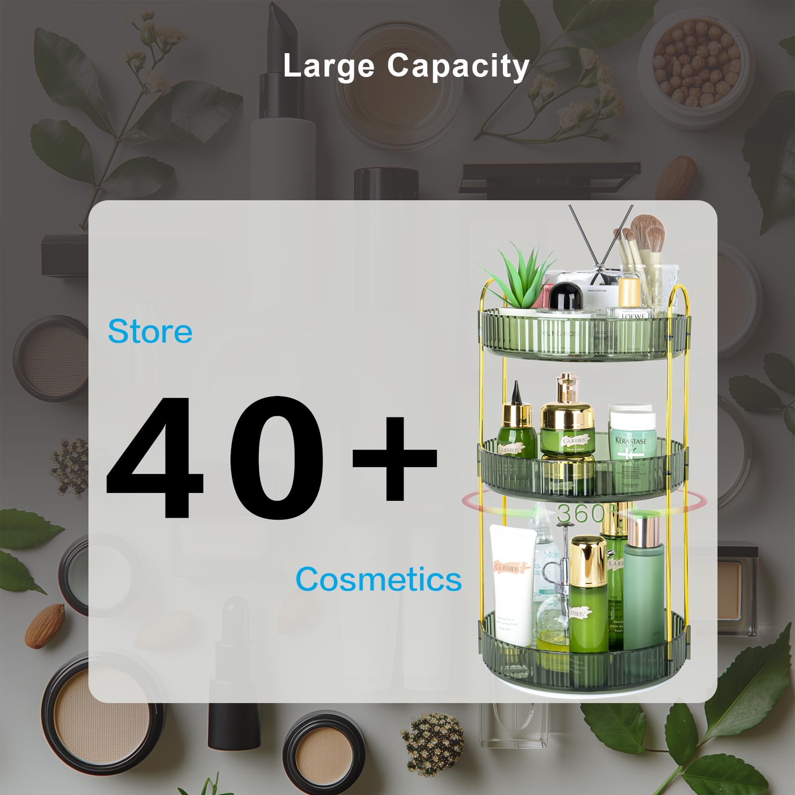 Um 360 Grad drehbarer Make-up-Organizer, große Kapazität, drehbarer Parfüm- und Kosmetik-Hautpflege-Halter für Schminktisch und Arbeitsplatte, (Gem Green, 3 Etagen)