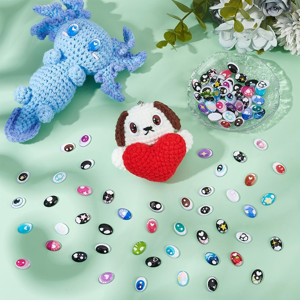 PH PandaHall 100pcs 50 Styles Glass Cabochons Eye Balls 14x10mm Cute Cartoon Craft Eyes for Stuffed Animal Doll Making Halloween Cosplay Costume Jewelry Decoration DIY Projects