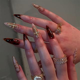 SINHOT Stiletto Press on Nails - Long Fake Nails, Glossy Finish, Fall Brown Amber & Gold Chrome, DIY Artificial False Nail Art - 24 Pcs Nail Kit with Glue