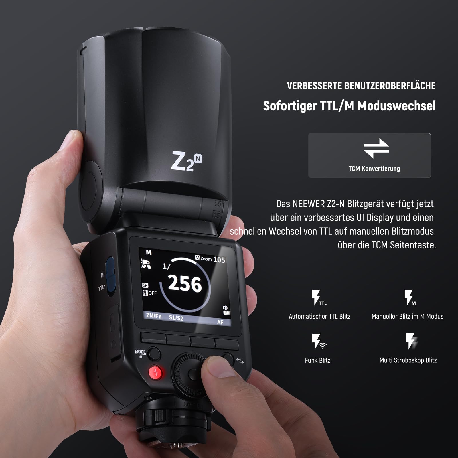 NEEWER Z2-N 2,4GHz TTL Flash mit Rundkopf, kompatibel mit Nikon, 600 Blitz bei voller Leistung, 3000mAh 76Ws 1/8000s HSS, 2 Einstelllampen, Lichtdiffusor, TTL/M Umschalttaste für 2,4GHz Q System