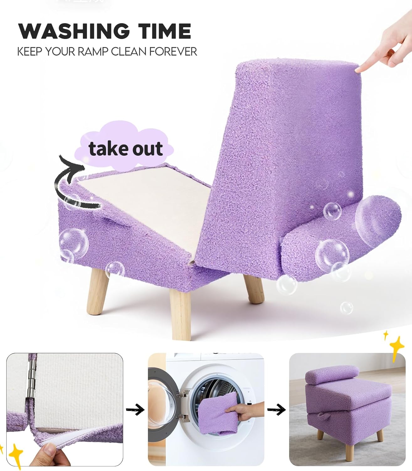 Dog Ramp for Small Dogs and Cats – 2-in-1 Dog Ramp for Couch and Low Bed, 16.5'' Foldable Wooden Pet Ramp, Sturdy Multi-Use Split Ottoman Design, Light Purple