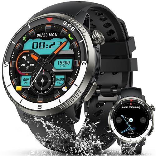 GPS Smartwatch Herren, 1,43" AMOLED Militär Fitness Tracker mit Bluetooth Anrufen, Fitnessuhr mit Herzfrequenz/Schlafmonitor/Schrittzähler, Sportuhr 5ATM Wasserdicht, 170+ Sportmodes für iOS Android