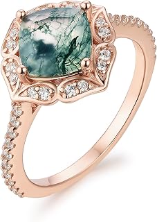 Natural Moss Agate Gemstone Rings for Women Solid 925 Sterling Silver Rings for Women Trendy Cusion Engagement Wedding Ring Gift