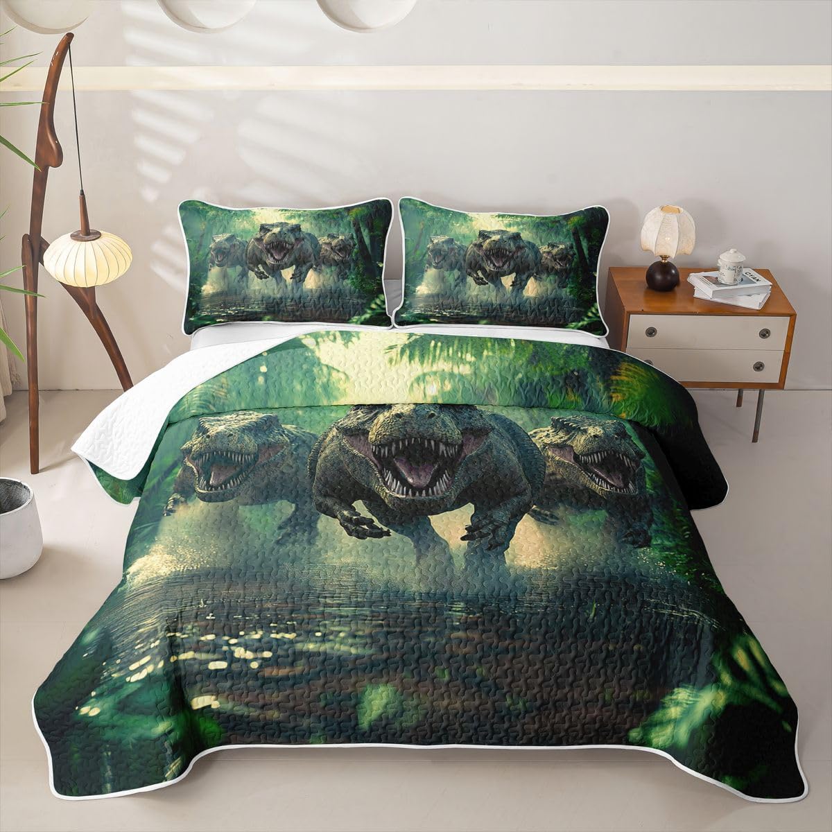 Feelyou Dino Green Quilt Sets Twin Dinosaur Dino Quilt Sets for Kids Boys Girls Dinosaur Bedspread Coverlet Comforter forSoft Lightweight Quilted Soft Lightweight Bed Covers Soft Lightweight