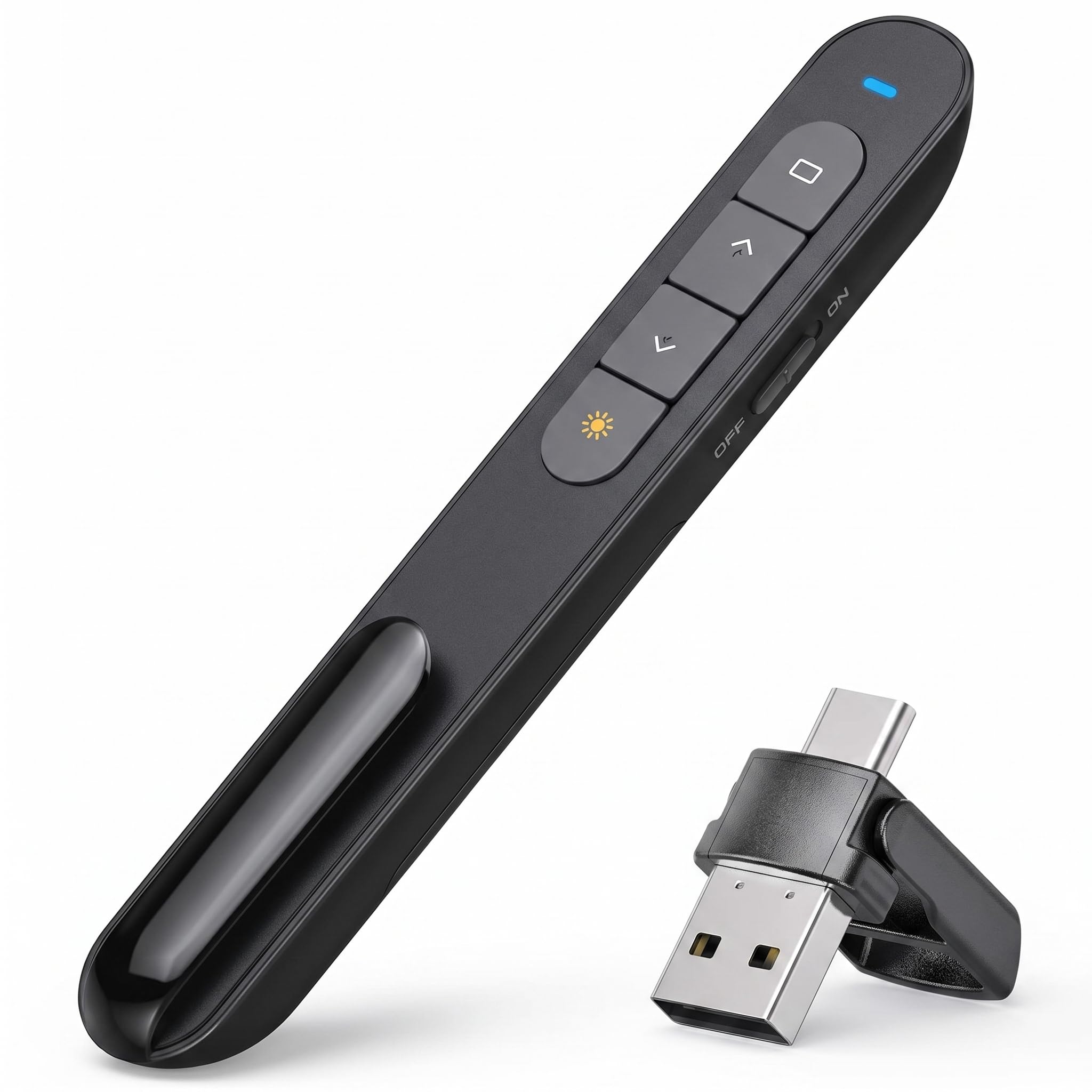 Präsentationsfernbedienung, Powerpoint Fernbedienung, 2 in 1 USB und USB C Presenter Pointer Kabellos für Präsentationen, 2,4GHz Fernbedienung mit Rotem Laser, Hyperlink und Lautstärke für Laptop PC