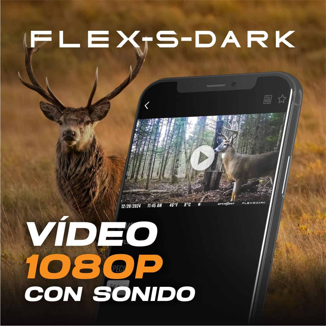 SPYPOINT Flex-S-Dark Cámara de rastreo Solar 4G, Panel Solar Integrado, Fotos 40 MP, Video 1080p con Sonido, visión Nocturna sin Brillo, detección por Movimiento