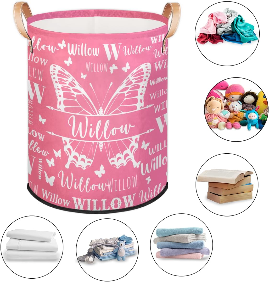 Personalized Hampers with Name Initial, Custom Butterfly Laundry-Basket for Girls Baby,Customized Foldable Round Storage Basket with Handle for Clothes