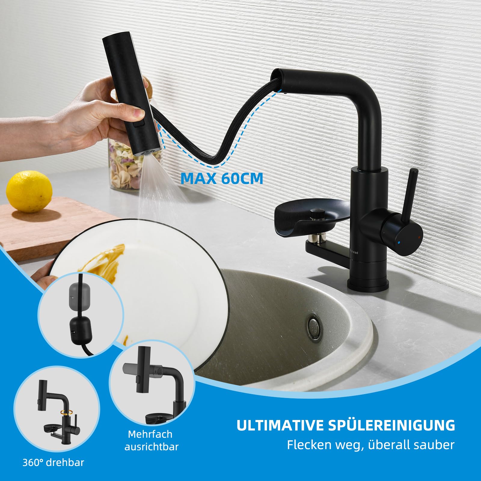 Robinet de Cuisine Noir Mynaiad Avec Lave-Verres, Mitigeur Monocommand Extractible à Trois Modes de Sortie, Mitigeur Cuisine en Acier Inoxydable 304, Rotation 360° pour Salle de Bain, Bars et Cuisine - 5