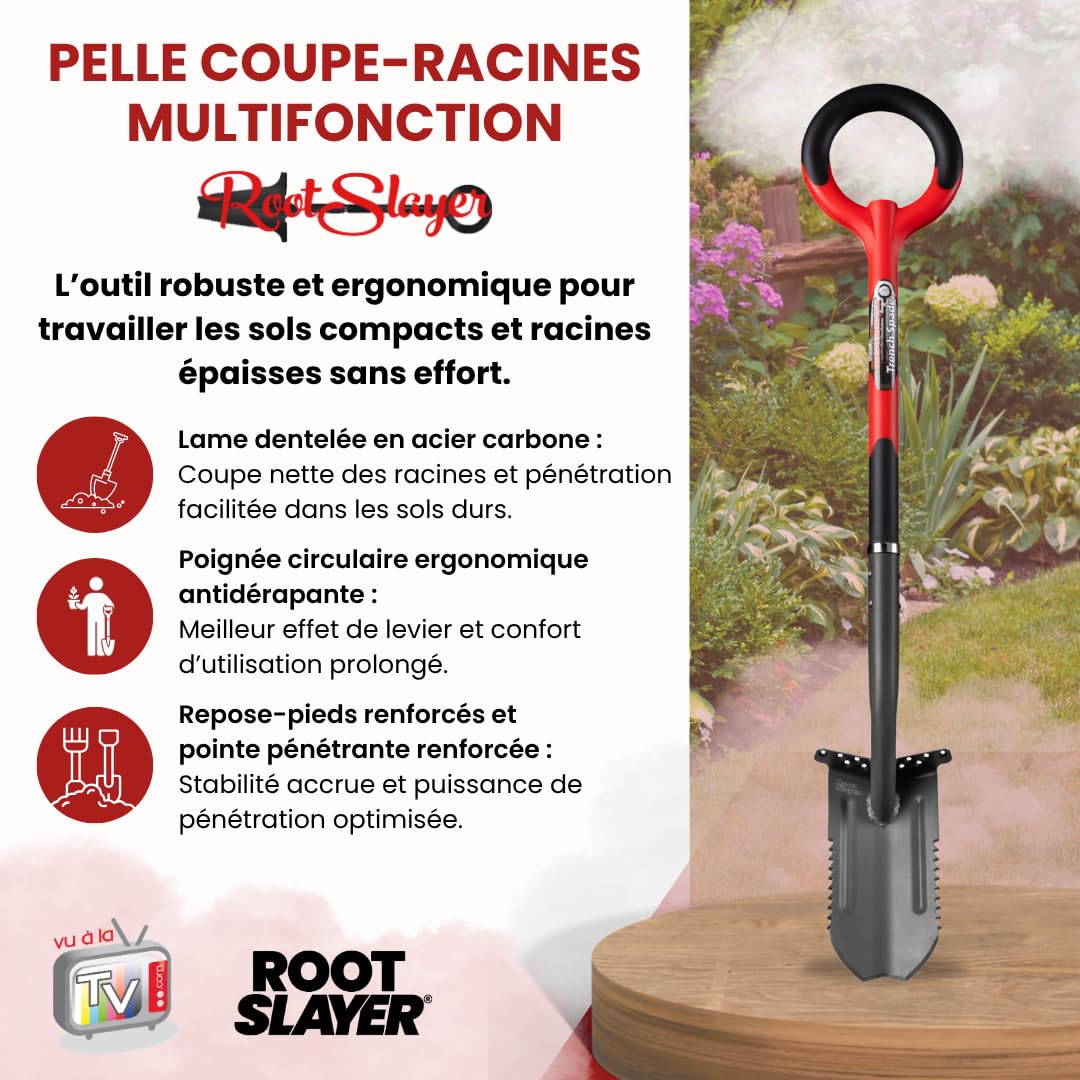 VENTEO - Bêche de Tranchée RootSlayer | Lame Dentée Acier Carbone Renforcé Haute Résistance | Coupe Racines sans Effort | Outil Jardinage Sol Dur | Tranchées Précises Drainage Irrigation Jardin