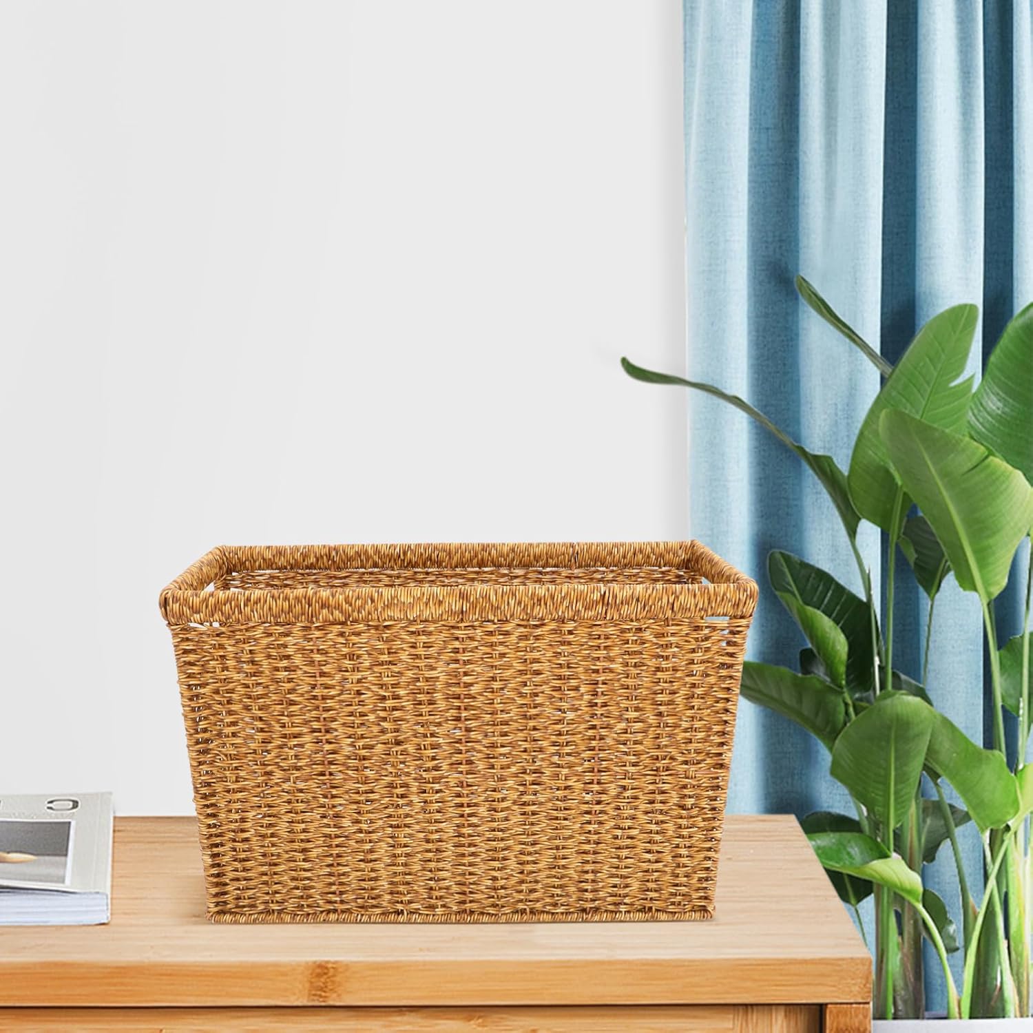 Wicker File Basket Japanese Hand Woven Organizer for Magazines Newspapers Rustic Rattan Storage with Handle Deep