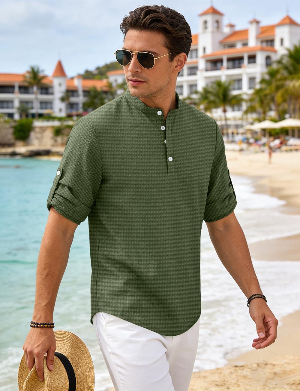 Men's Button Henley Shirt Long Sleeved Casual Band Collar Shirts Summer Beach Hippie Lightweight T-Shirt - Image 4